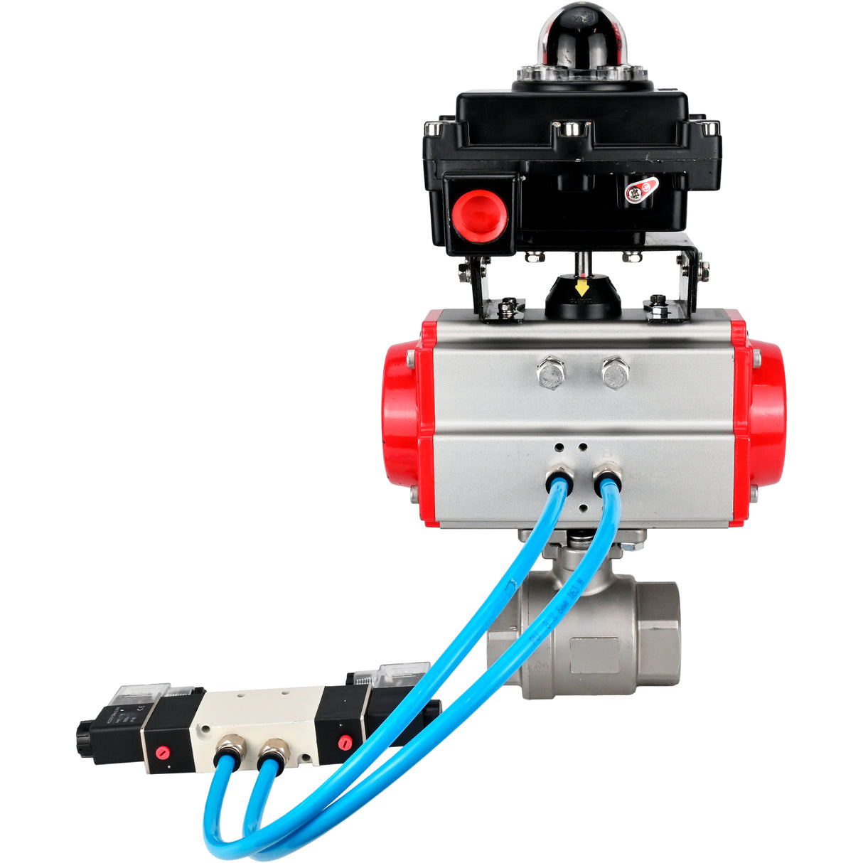 Ball valves Elephant BV3232P(2pc)-FP-T-ISO-H 16 bar, full bore coupling, stainless steel SS316, seal - PTFE, with double-acting PA-DA pneumatic actuator, with pneumatic distributor 4V320-08 220V, with LSU APL -410N EX