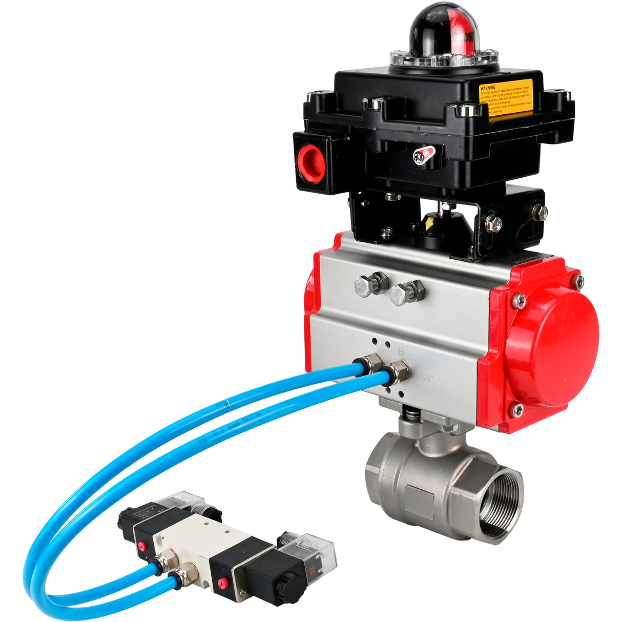 Ball valves Elephant BV3232P(2pc)-FP-T-ISO-H 16 bar, full bore coupling, stainless steel SS316, seal - PTFE, with double-acting PA-DA pneumatic actuator, with pneumatic distributor 4V320-08 220V, with LSU APL -410N EX