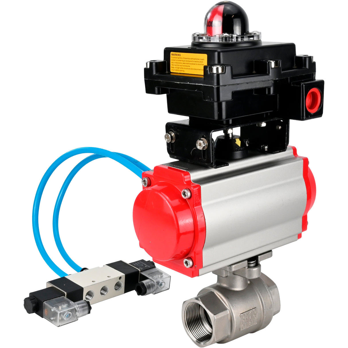 Ball valves Elephant BV3232P(2pc)-FP-T-ISO-H 16 bar, full bore coupling, stainless steel SS316, seal - PTFE, with double-acting PA-DA pneumatic actuator, with pneumatic distributor 4V320-08 220V, with LSU APL -410N EX