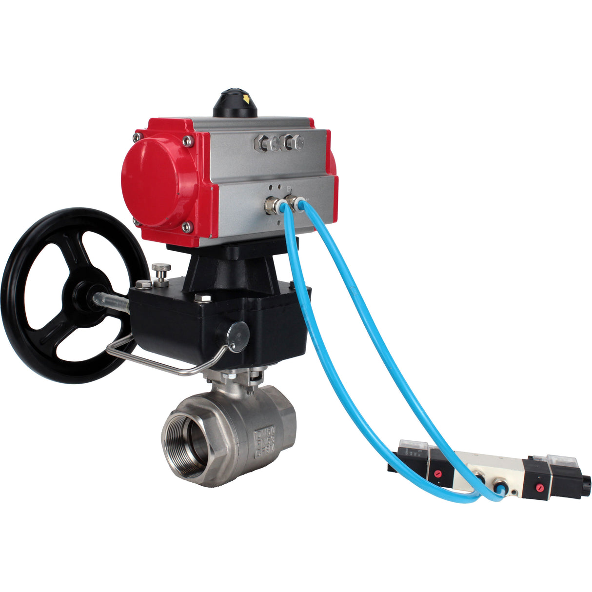 Ball valves Elephant BV3232P(2pc)-FP-T-ISO-H, body material - Stainless steel AISI 316, seal - PTFE / PTFE / Teflon, with pneumatic actuator double action PA-DA, 4V320-10 220V, handwheel MON
