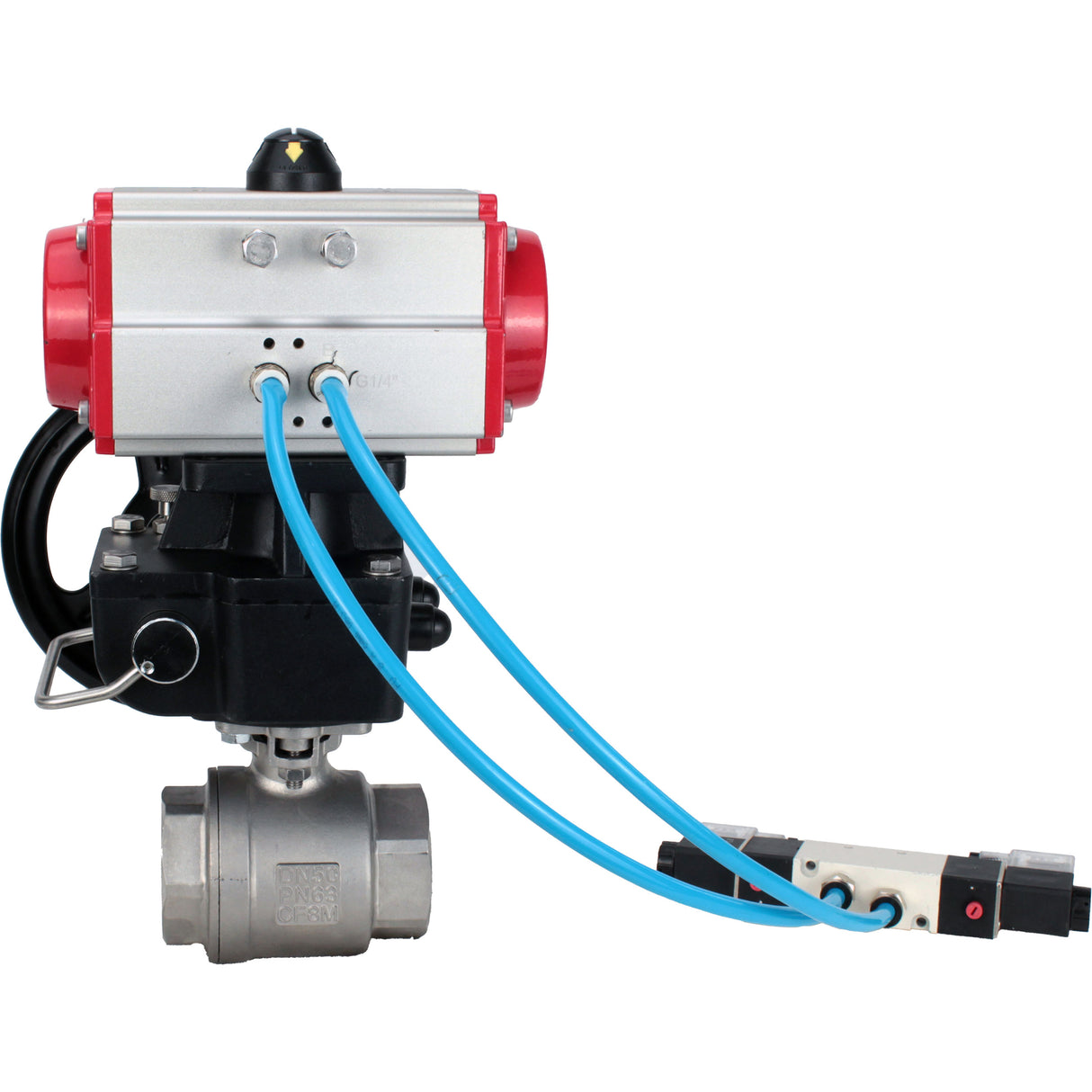 Ball valves Elephant BV3232P(2pc)-FP-T-ISO-H, body material - Stainless steel AISI 316, seal - PTFE / PTFE / Teflon, with pneumatic actuator double action PA-DA, 4V320-10 220V, handwheel MON