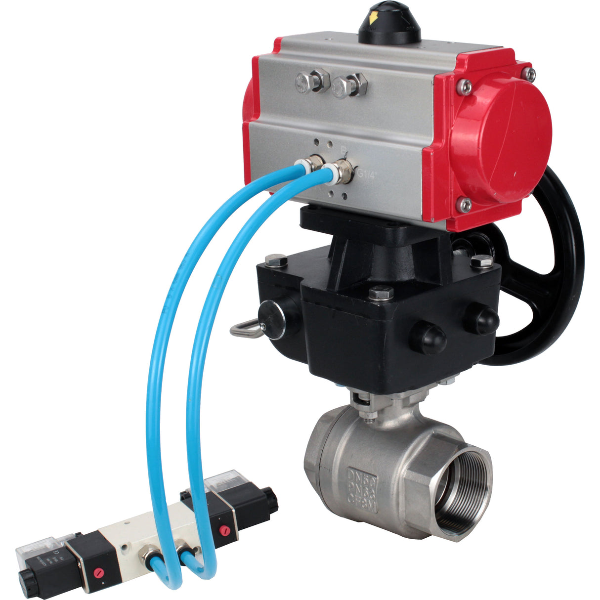 Ball valves Elephant BV3232P(2pc)-FP-T-ISO-H, body material - Stainless steel AISI 316, seal - PTFE / PTFE / Teflon, with pneumatic actuator double action PA-DA, 4V320-10 220V, handwheel MON