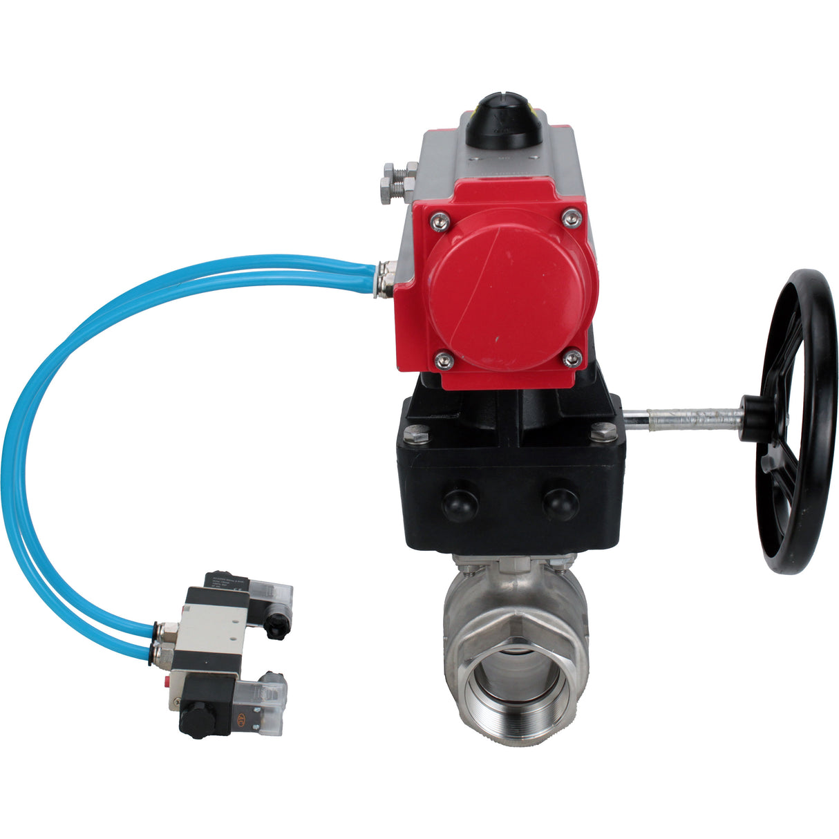 Ball valves Elephant BV3232P(2pc)-FP-T-ISO-H, body material - Stainless steel AISI 316, seal - PTFE / PTFE / Teflon, with pneumatic actuator double action PA-DA, 4V320-10 220V, handwheel MON