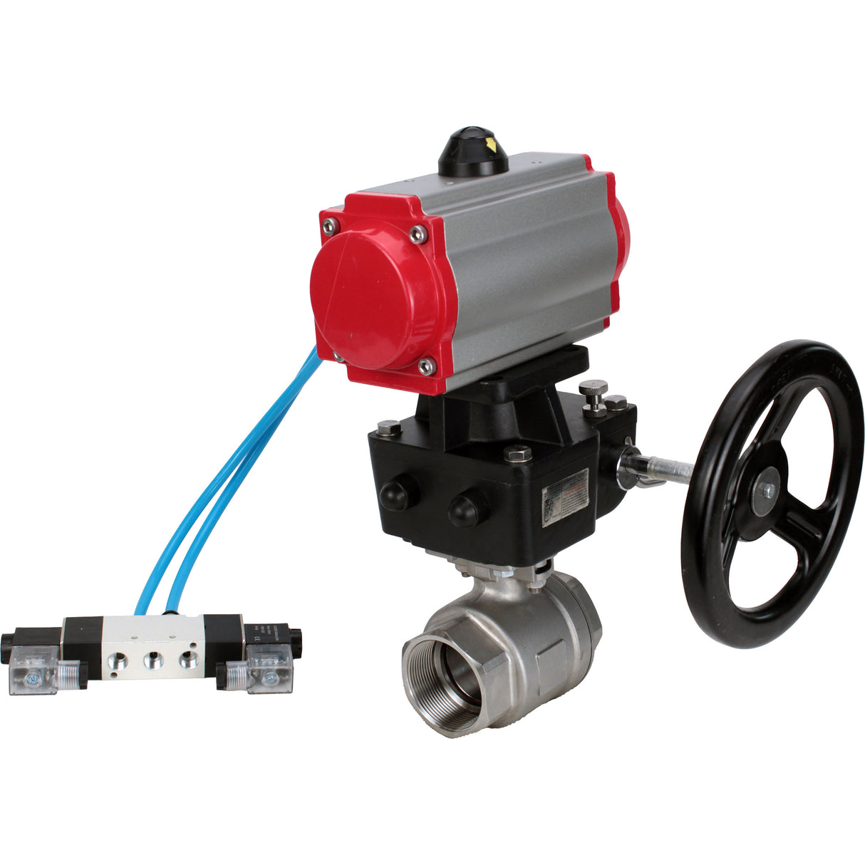Ball valves Elephant BV3232P(2pc)-FP-T-ISO-H, body material - Stainless steel AISI 316, seal - PTFE / PTFE / Teflon, with pneumatic actuator double action PA-DA, 4V320-10 220V, handwheel MON