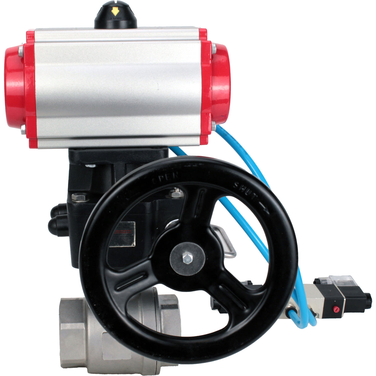 Ball valves Elephant BV3232P(2pc)-FP-T-ISO-H, body material - Stainless steel AISI 316, seal - PTFE / PTFE / Teflon, with pneumatic actuator double action PA-DA, 4V320-10 220V, handwheel MON