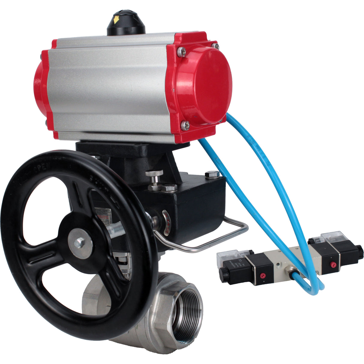 Ball valves Elephant BV3232P(2pc)-FP-T-ISO-H, body material - Stainless steel AISI 316, seal - PTFE / PTFE / Teflon, with pneumatic actuator double action PA-DA, 4V320-10 220V, handwheel MON