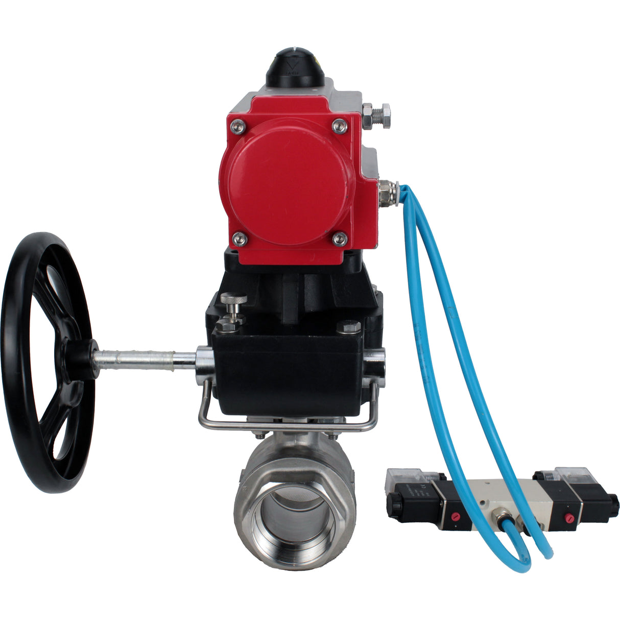 Ball valves Elephant BV3232P(2pc)-FP-T-ISO-H, body material - Stainless steel AISI 316, seal - PTFE / PTFE / Teflon, with pneumatic actuator double action PA-DA, 4V320-10 220V, handwheel MON