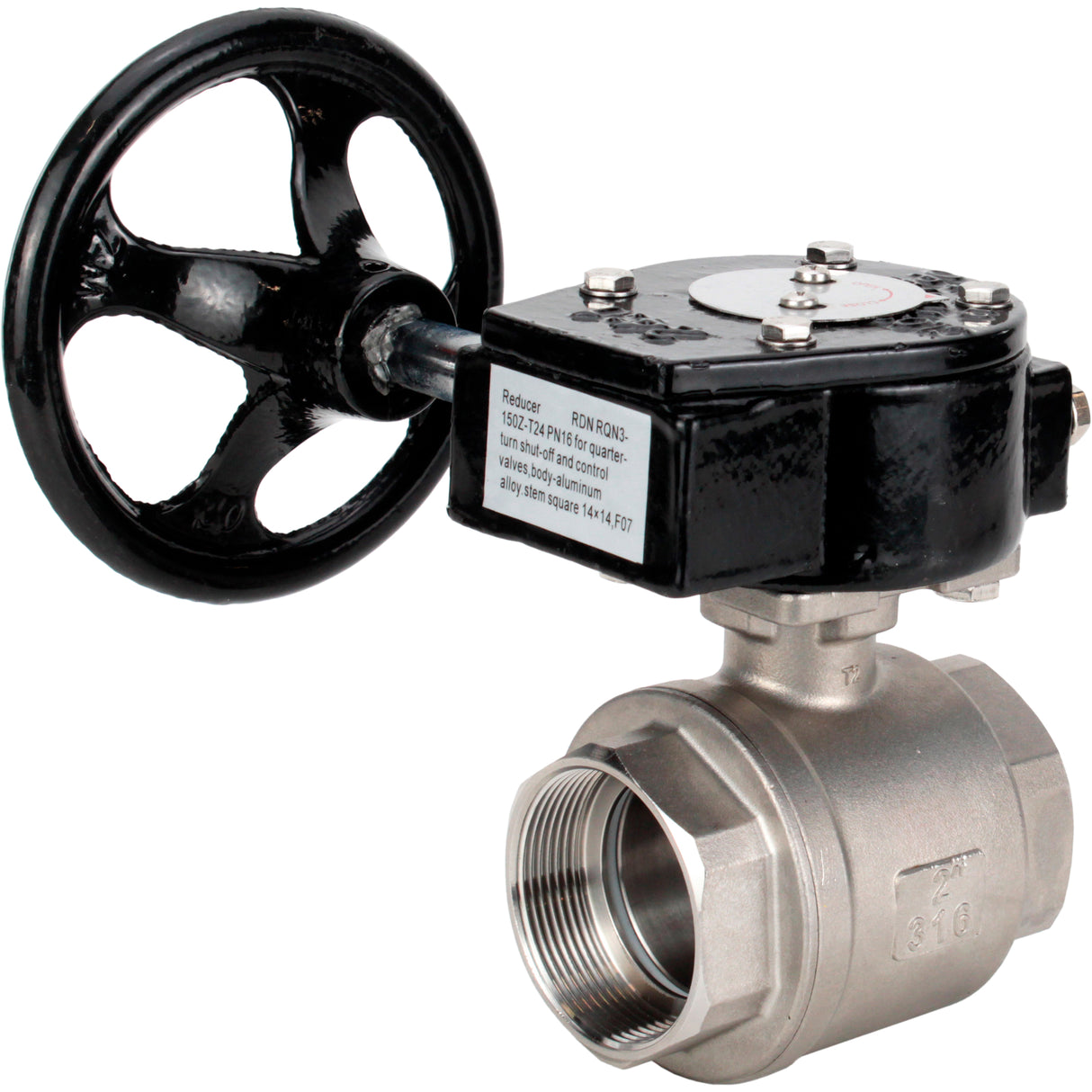 Stainless steel ball valve Elephant kshmp316-elephant-rdn, body material - stainless steel AISI 316, ball material - stainless steel AISI 316, seal - PTFE, gear operated