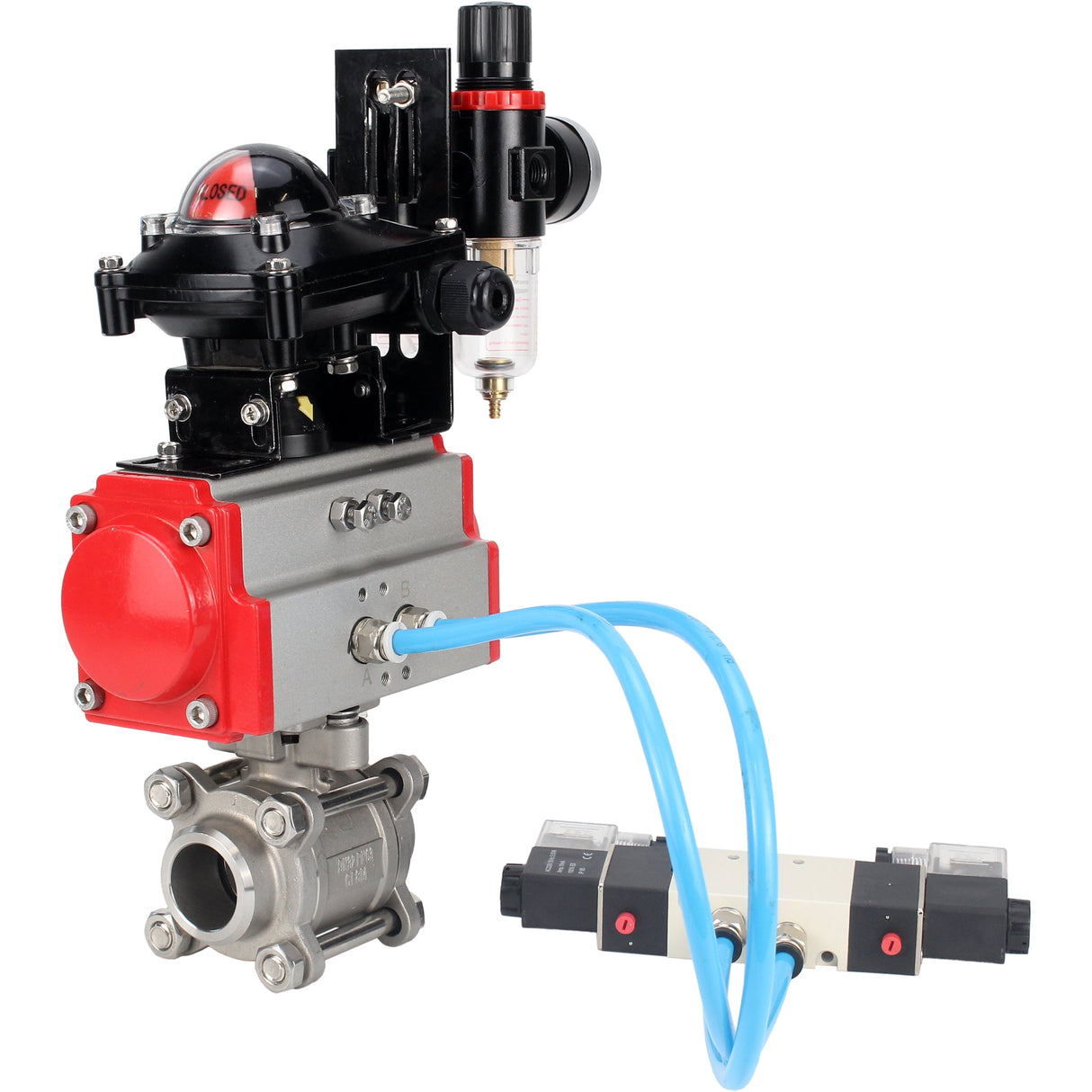 Ball valves Elephant BV3232P(3pc)-FP-W-ISO-H 16 bar/25, full bore for welding, stainless steel SS316, seal - PTFE, with double-acting PA-DA pneumatic actuator, with pneumatic distributor 4V320-10 220V, with LSU APL-210N, with ATU AFC2000