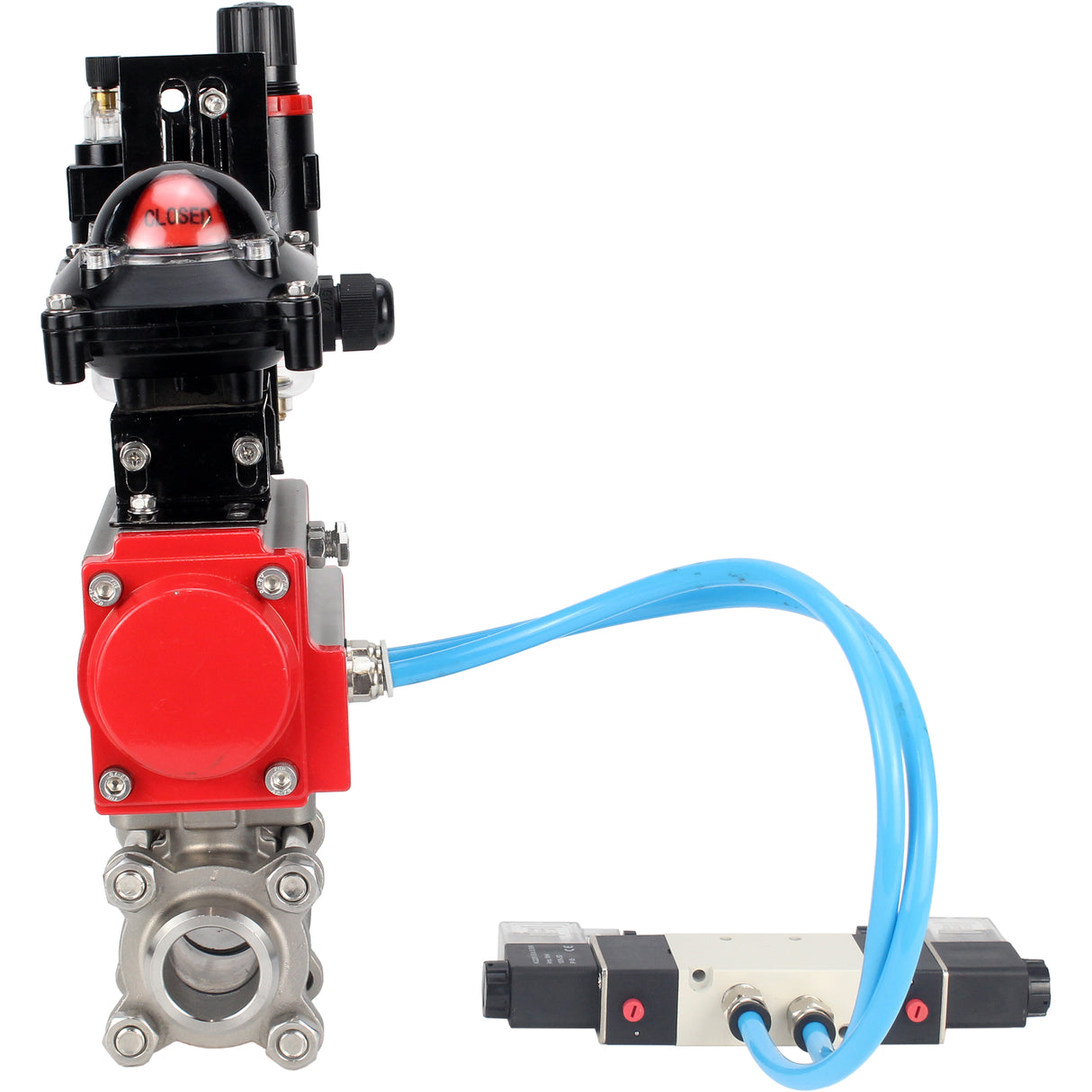 Ball valves Elephant BV3232P(3pc)-FP-W-ISO-H 16 bar/25, full bore for welding, stainless steel SS316, seal - PTFE, with double-acting PA-DA pneumatic actuator, with pneumatic distributor 4V320-08 220V, with LSU APL-210N, with ATU AFC2000