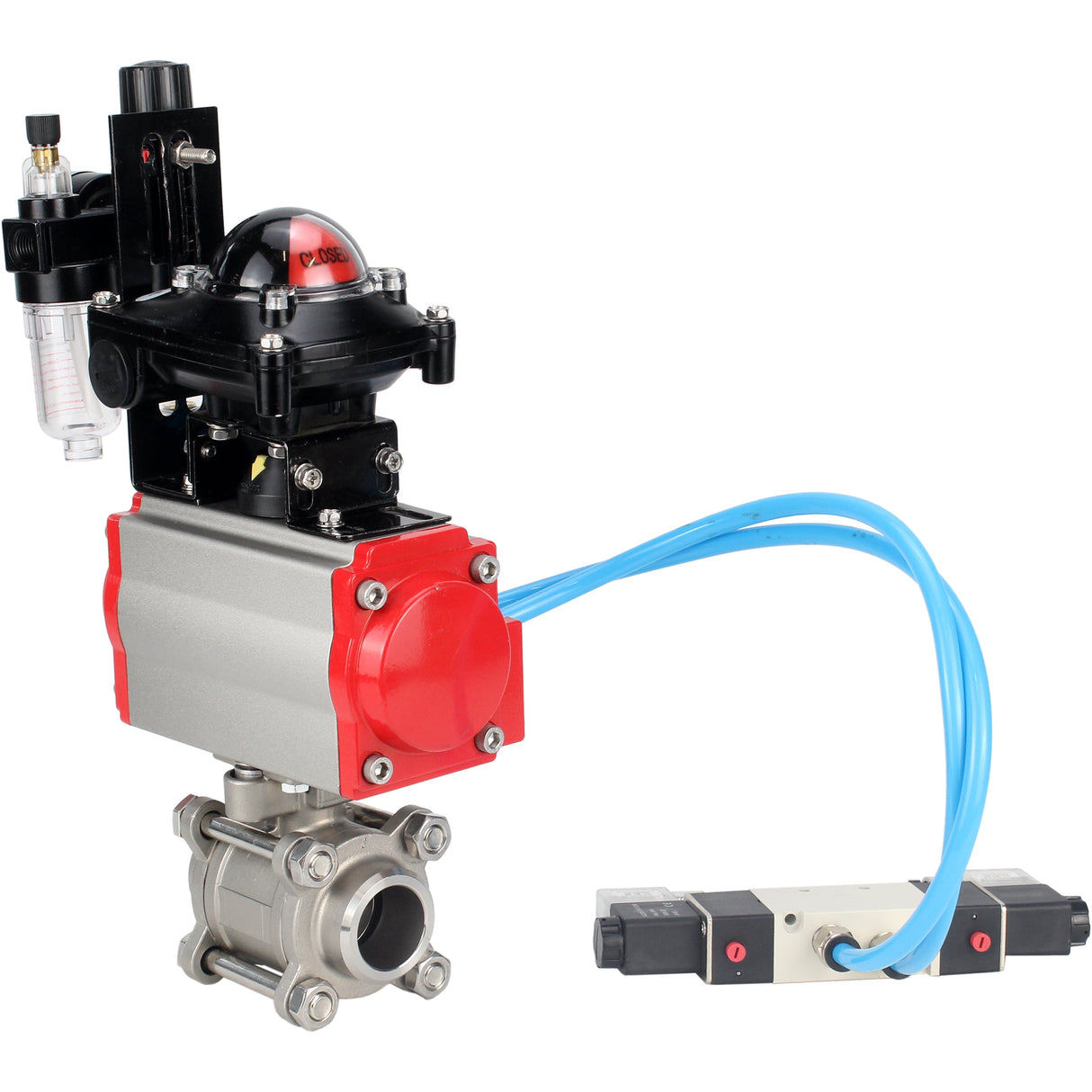 Ball valves Elephant BV3232P(3pc)-FP-W-ISO-H 16 bar/25, full bore for welding, stainless steel SS316, seal - PTFE, with double-acting PA-DA pneumatic actuator, with pneumatic distributor 4V320-10 220V, with LSU APL-210N, with ATU AFC2000