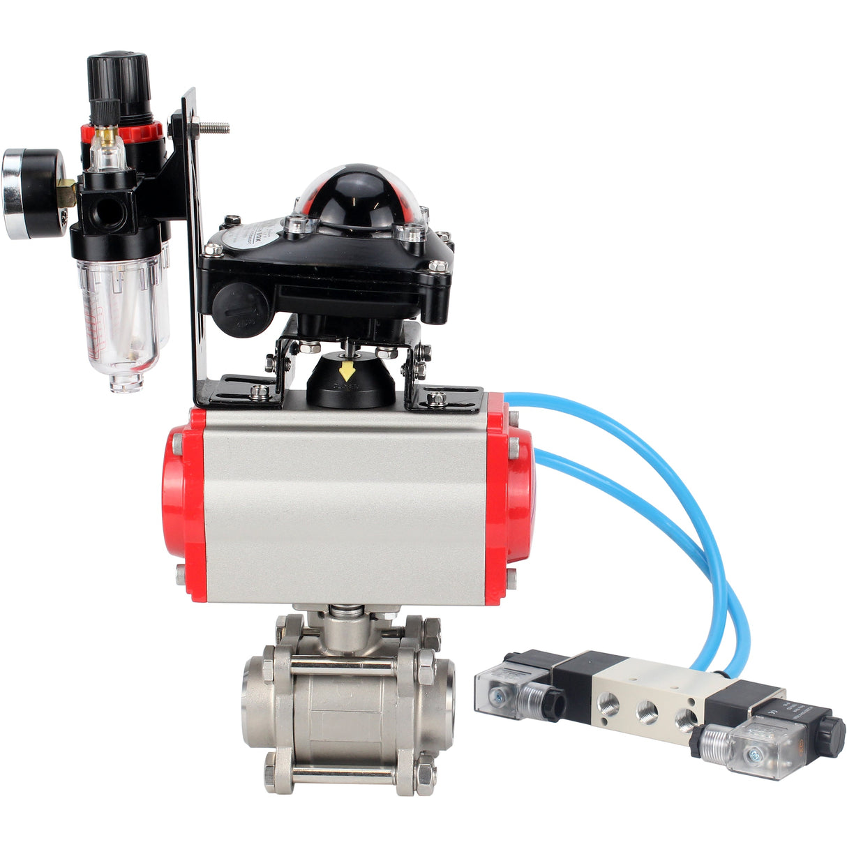 Ball valves Elephant BV3232P(3pc)-FP-W-ISO-H 16 bar/25, full bore for welding, stainless steel SS316, seal - PTFE, with double-acting PA-DA pneumatic actuator, with pneumatic distributor 4V320-10 220V, with LSU APL-210N, with ATU AFC2000