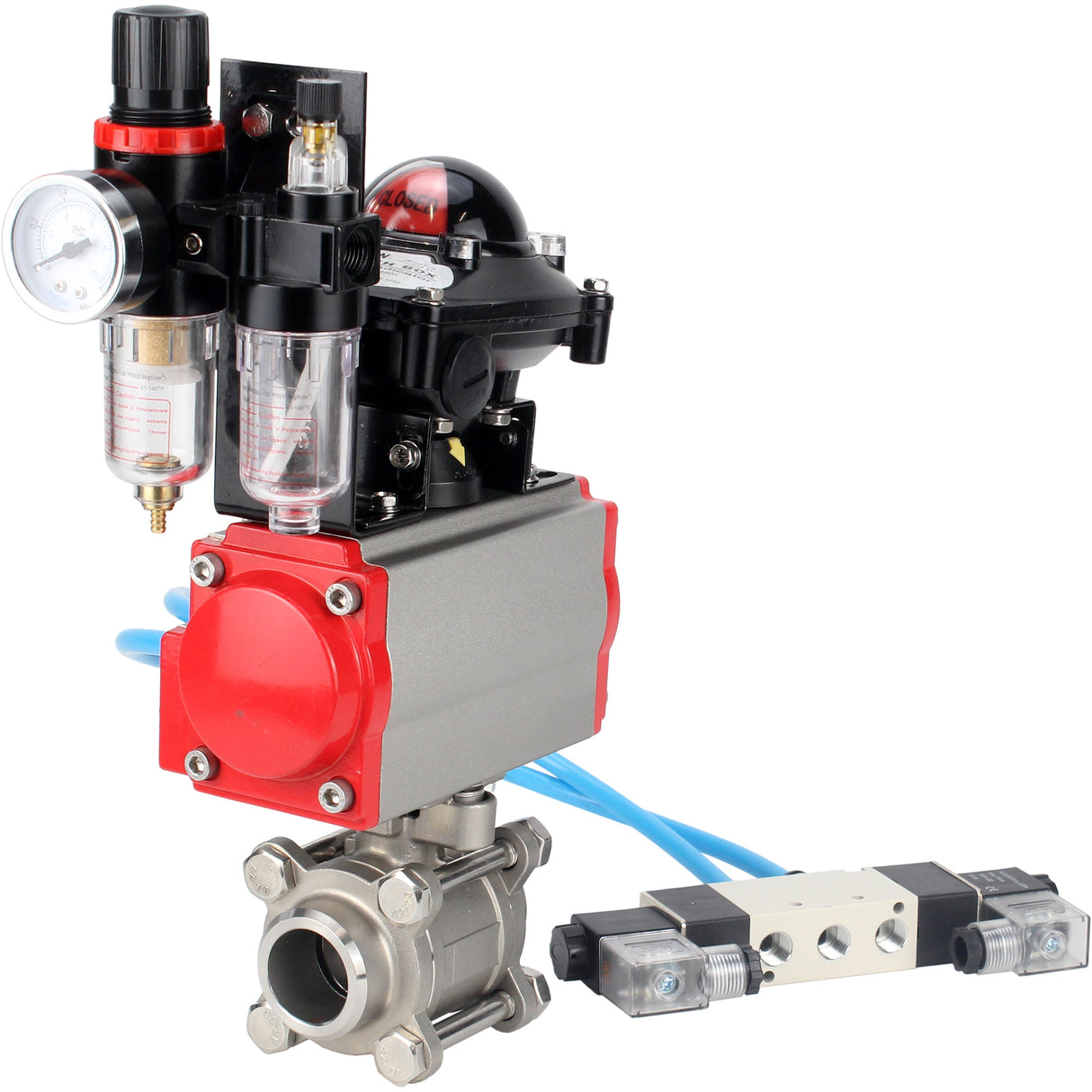 Ball valves Elephant BV3232P(3pc)-FP-W-ISO-H 16 bar/25, full bore for welding, stainless steel SS316, seal - PTFE, with double-acting PA-DA pneumatic actuator, with pneumatic distributor 4V320-10 220V, with LSU APL-210N, with ATU AFC2000