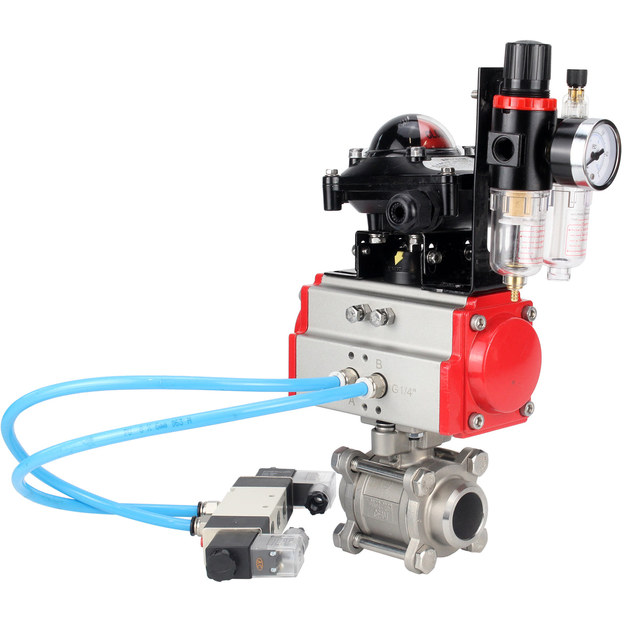 Ball valves Elephant BV3232P(3pc)-FP-W-ISO-H 16 bar/25, full bore for welding, stainless steel SS316, seal - PTFE, with double-acting PA-DA pneumatic actuator, with pneumatic distributor 4V320-08 220V, with LSU APL-210N, with ATU AFC2000