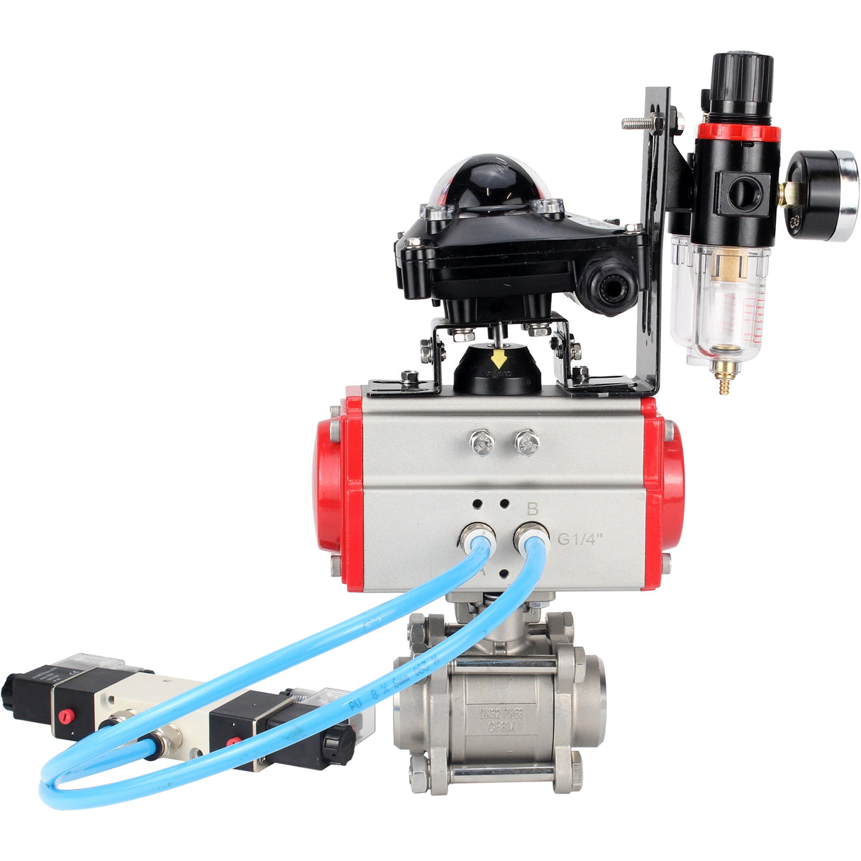 Ball valves Elephant BV3232P(3pc)-FP-W-ISO-H 16 bar/25, full bore for welding, stainless steel SS316, seal - PTFE, with double-acting PA-DA pneumatic actuator, with pneumatic distributor 4V320-10 220V, with LSU APL-210N, with ATU AFC2000