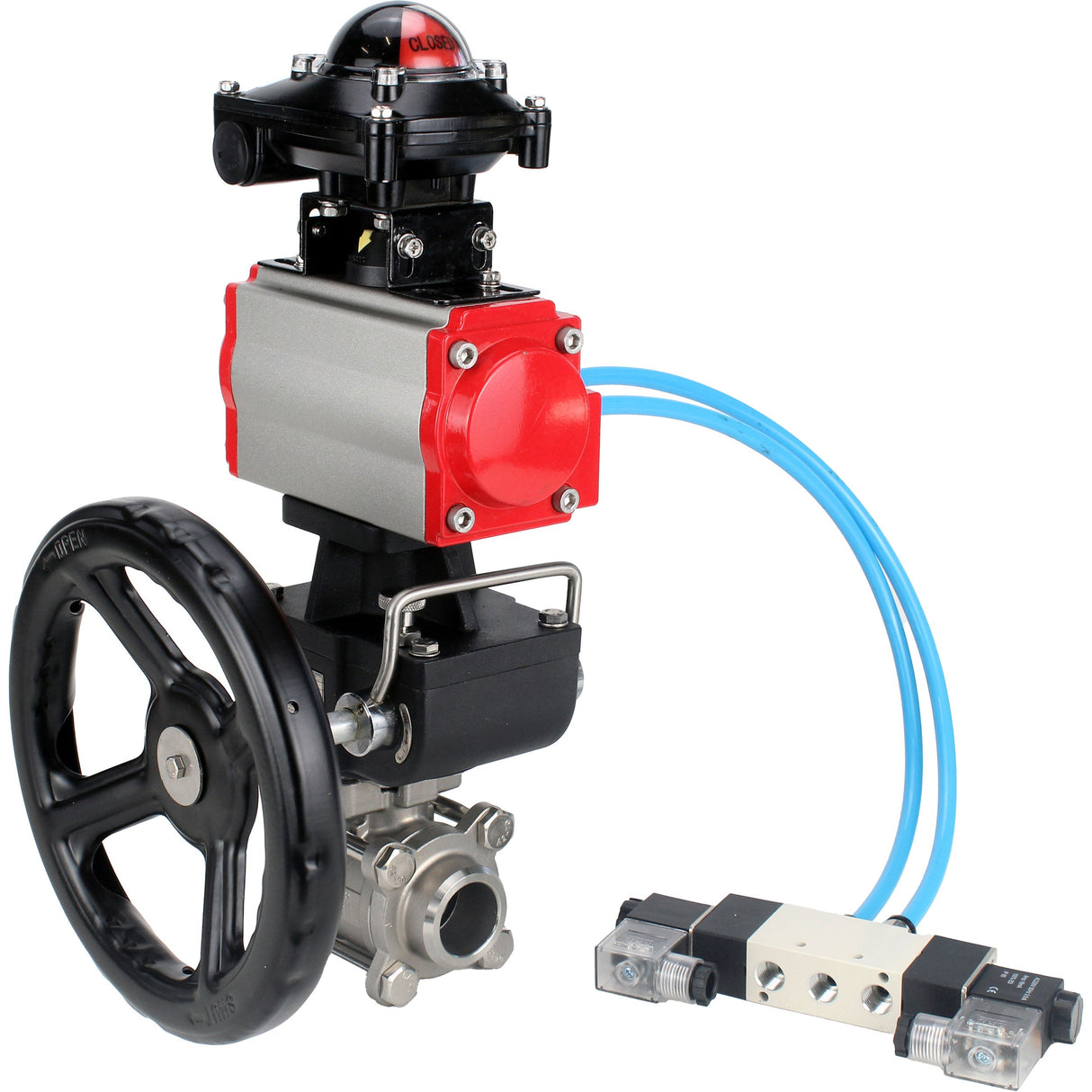 Ball valves Elephant BV3232P(3pc)-FP-W-ISO-H DN10-50 16 bar/40, full bore for welding, stainless steel SS316, seal - PTFE, with double-acting PA-DA pneumatic actuator, with pneumatic distributor 4V320-08 220V, with LSU APL-210N, with manual Doubler MON1-2