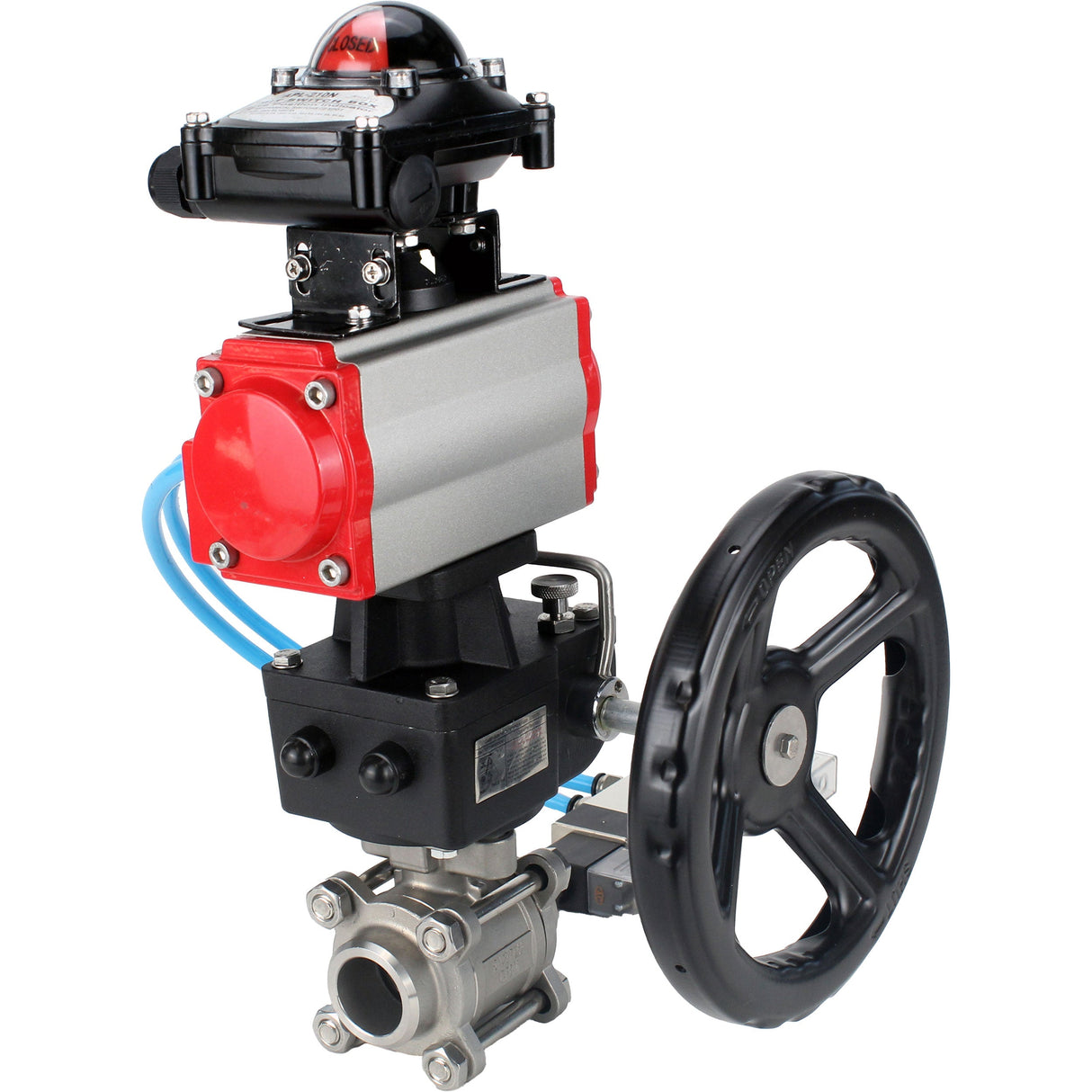 Ball valves Elephant BV3232P(3pc)-FP-W-ISO-H DN10-50 16 bar/40, full bore for welding, stainless steel SS316, seal - PTFE, with double-acting PA-DA pneumatic actuator, with pneumatic distributor 4V320-08 220V, with LSU APL-210N, with manual Doubler MON1-2