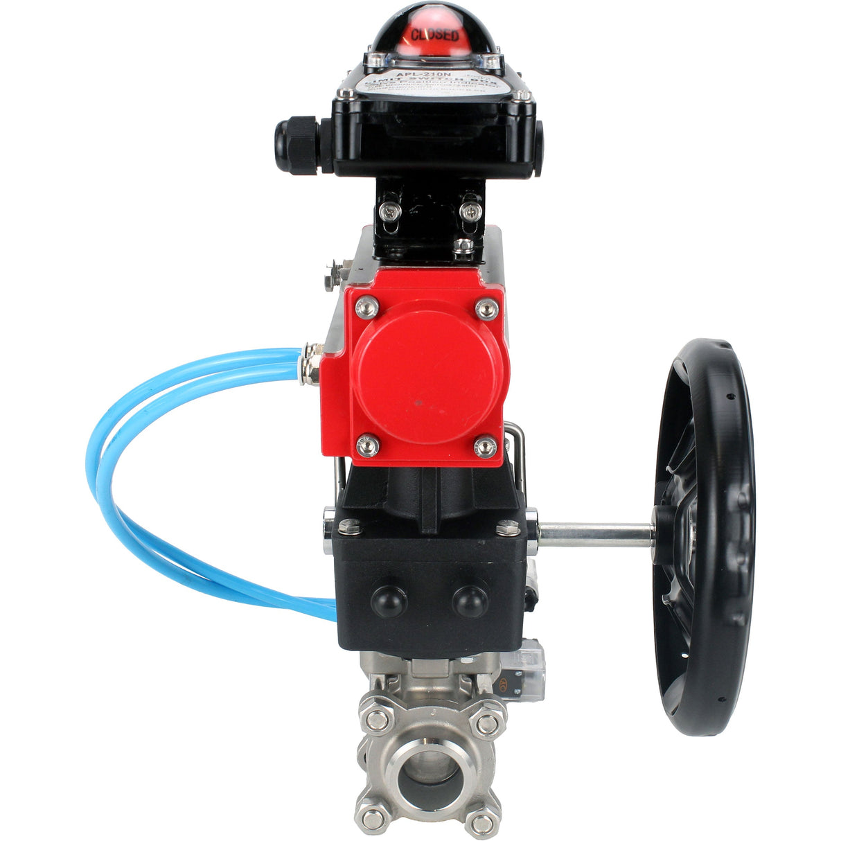 Ball valves Elephant BV3232P(3pc)-FP-W-ISO-H, body material - Stainless steel AISI 316, seal - PTFE / PTFE / Teflon, with pneumatic actuator double action PA-DA, 4V320-10 220V, LSU APL-210N, handwheel MON