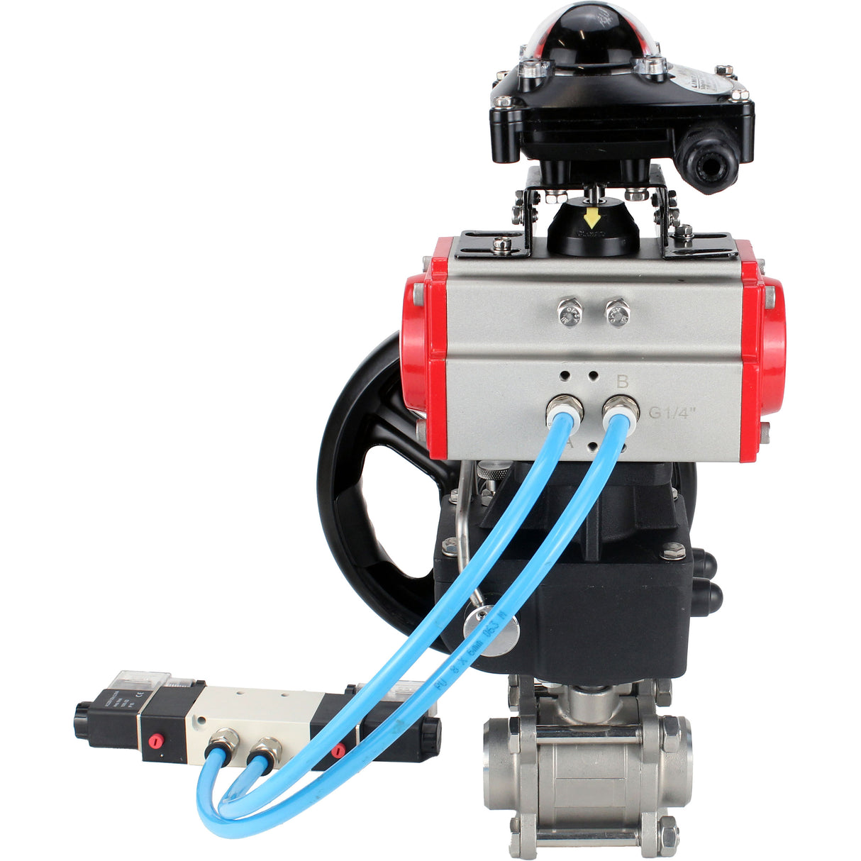 Ball valves Elephant BV3232P(3pc)-FP-W-ISO-H DN10-50 16 bar/40, full bore for welding, stainless steel SS316, seal - PTFE, with double-acting PA-DA pneumatic actuator, with pneumatic distributor 4V320-08 220V, with LSU APL-210N, with manual Doubler MON1-2