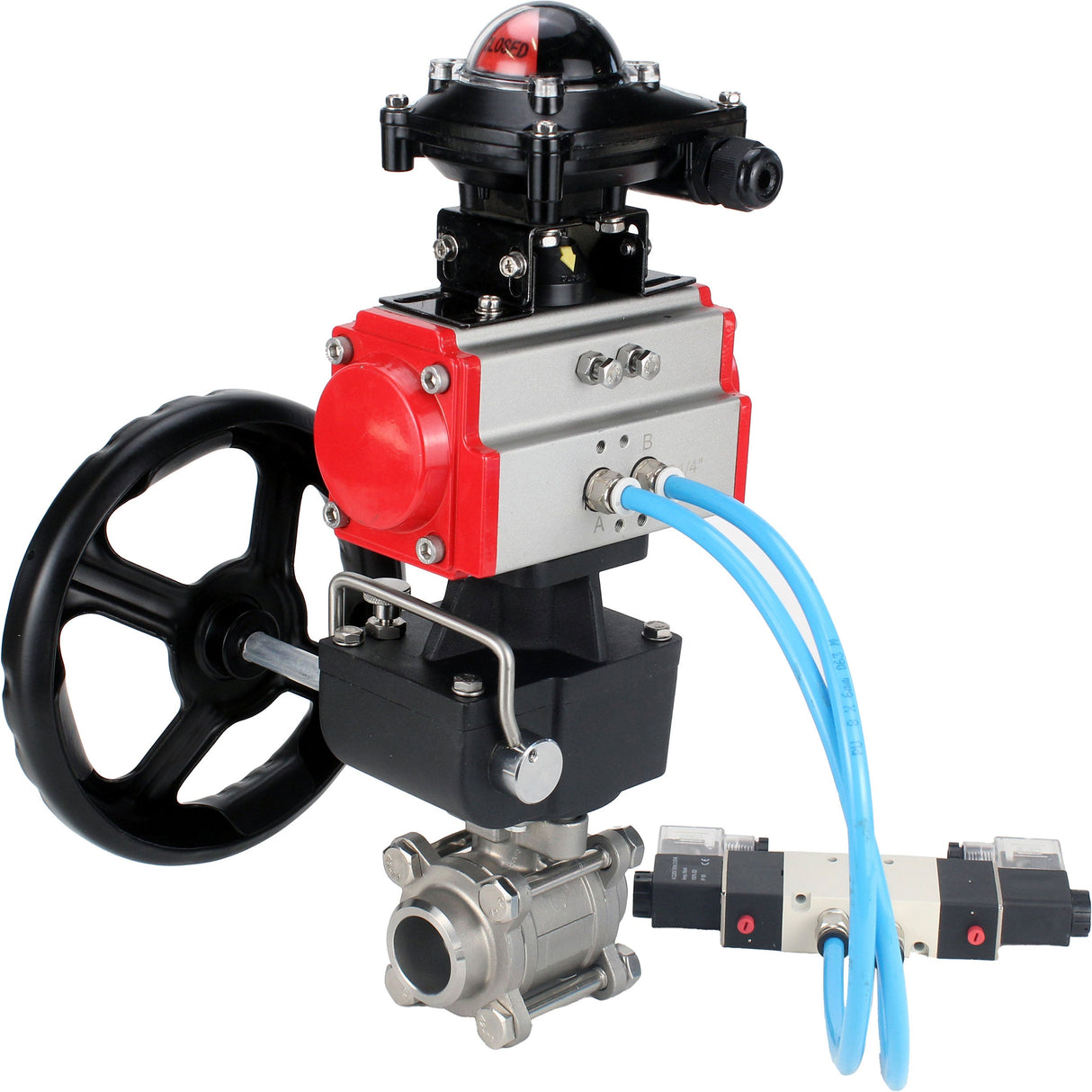 Ball valves Elephant BV3232P(3pc)-FP-W-ISO-H, body material - Stainless steel AISI 316, seal - PTFE / PTFE / Teflon, with pneumatic actuator double action PA-DA, 4V320-10 220V, LSU APL-210N, handwheel MON