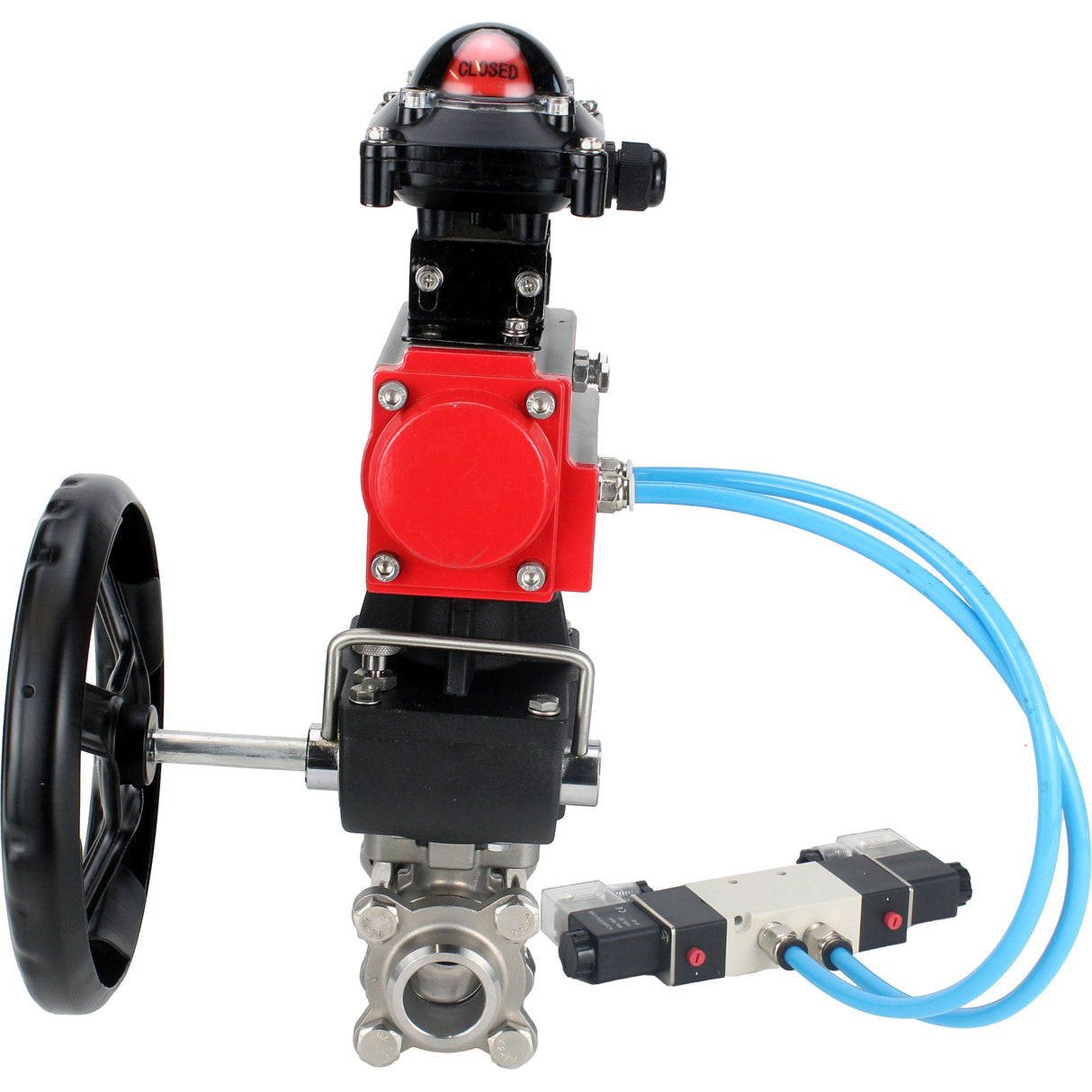 Ball valves Elephant BV3232P(3pc)-FP-W-ISO-H, body material - Stainless steel AISI 316, seal - PTFE / PTFE / Teflon, with pneumatic actuator double action PA-DA, 4V320-10 220V, LSU APL-210N, handwheel MON