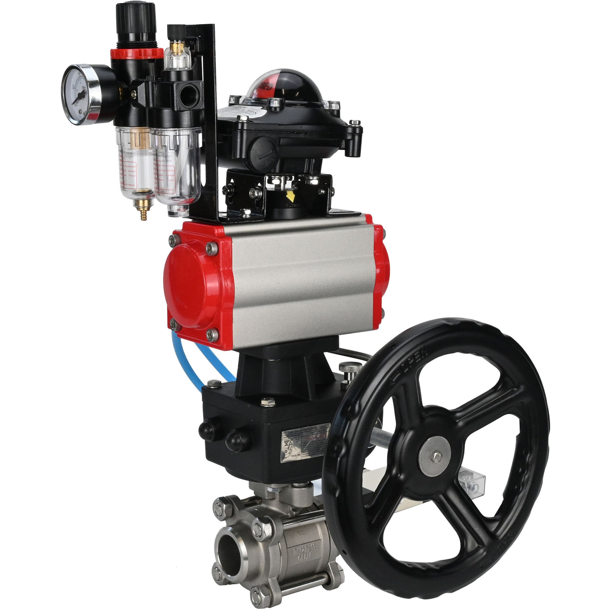 Ball valves Elephant BV3232P(3pc)-FP-W-ISO-H DN10-50 16 bar/40, full bore for welding, stainless steel SS316, PTFE, with double-acting PA-DA pneumatic actuator, with pneumatic distributor 4V320-08 220V, with LSU APL-210N, manual Doubler MON1-250-T26-ISO,