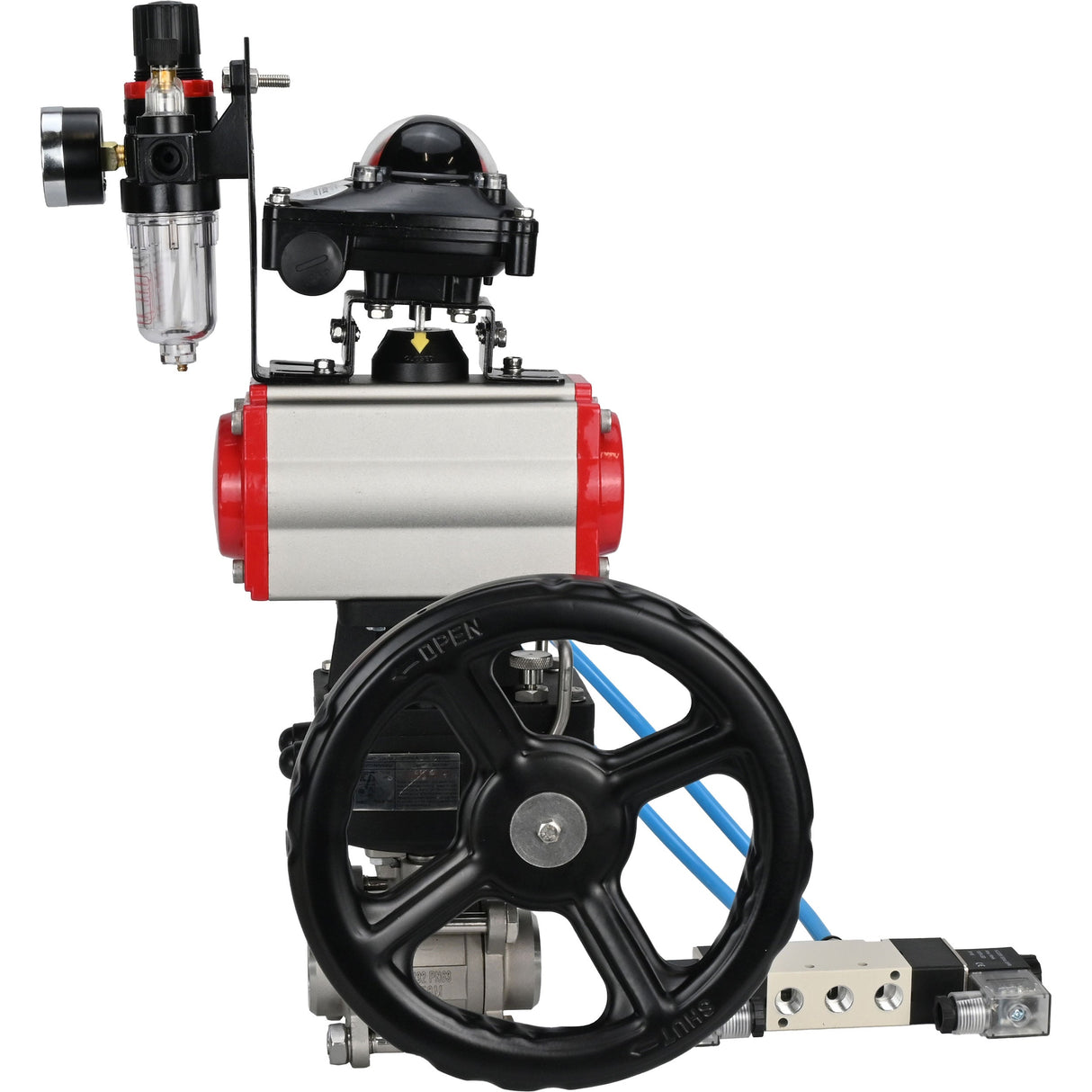 Ball valves Elephant BV3232P(3pc)-FP-W-ISO-H DN10-50 16 bar/40, full bore for welding, stainless steel SS316, PTFE, with double-acting PA-DA pneumatic actuator, with pneumatic distributor 4V320-08 220V, with LSU APL-210N, manual Doubler MON1-250-T26-ISO,