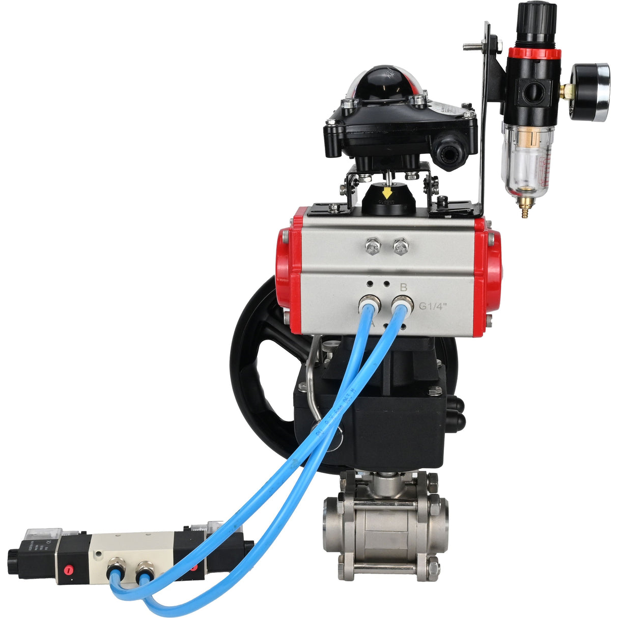 Ball valves Elephant BV3232P(3pc)-FP-W-ISO-H DN10-50 16 bar/40, full bore for welding, stainless steel SS316, PTFE, with double-acting PA-DA pneumatic actuator, with pneumatic distributor 4V320-08 220V, with LSU APL-210N, manual Doubler MON1-250-T26-ISO,