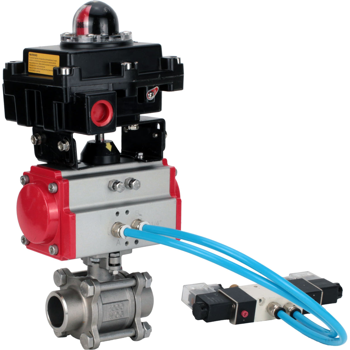 Ball valves Elephant BV3232P(3pc)-FP-W-ISO-H 16 bar/25, full bore for welding, stainless steel SS316, seal - PTFE, with double-acting PA-DA pneumatic actuator, with pneumatic distributor 4V320-08 220V, with LSU APL-410N EX