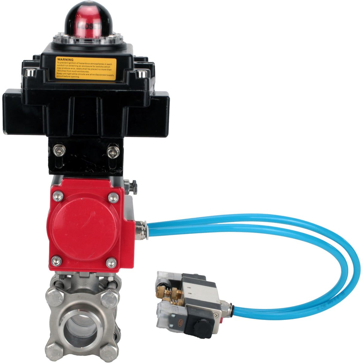 Ball valves Elephant BV3232P(3pc)-FP-W-ISO-H 16 bar/25, full bore for welding, stainless steel SS316, seal - PTFE, with double-acting PA-DA pneumatic actuator, with pneumatic distributor 4V320-08 220V, with LSU APL-410N EX