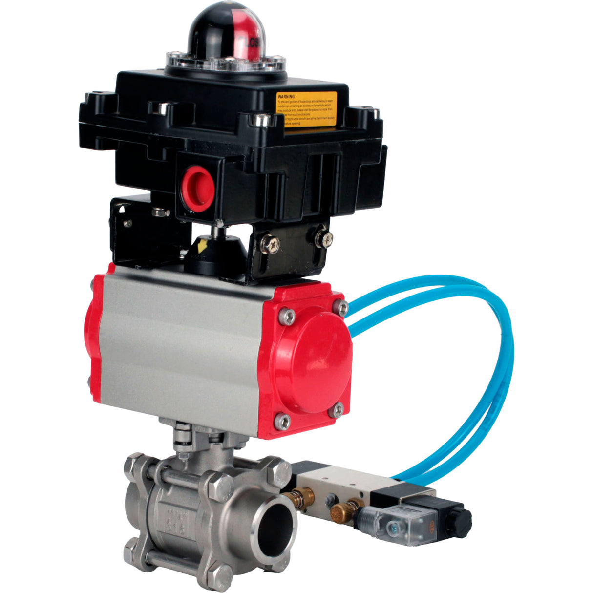 Ball valves Elephant BV3232P(3pc)-FP-W-ISO-H 16 bar/25, full bore for welding, stainless steel SS316, seal - PTFE, with double-acting PA-DA pneumatic actuator, with pneumatic distributor 4V320-08 220V, with LSU APL-410N EX