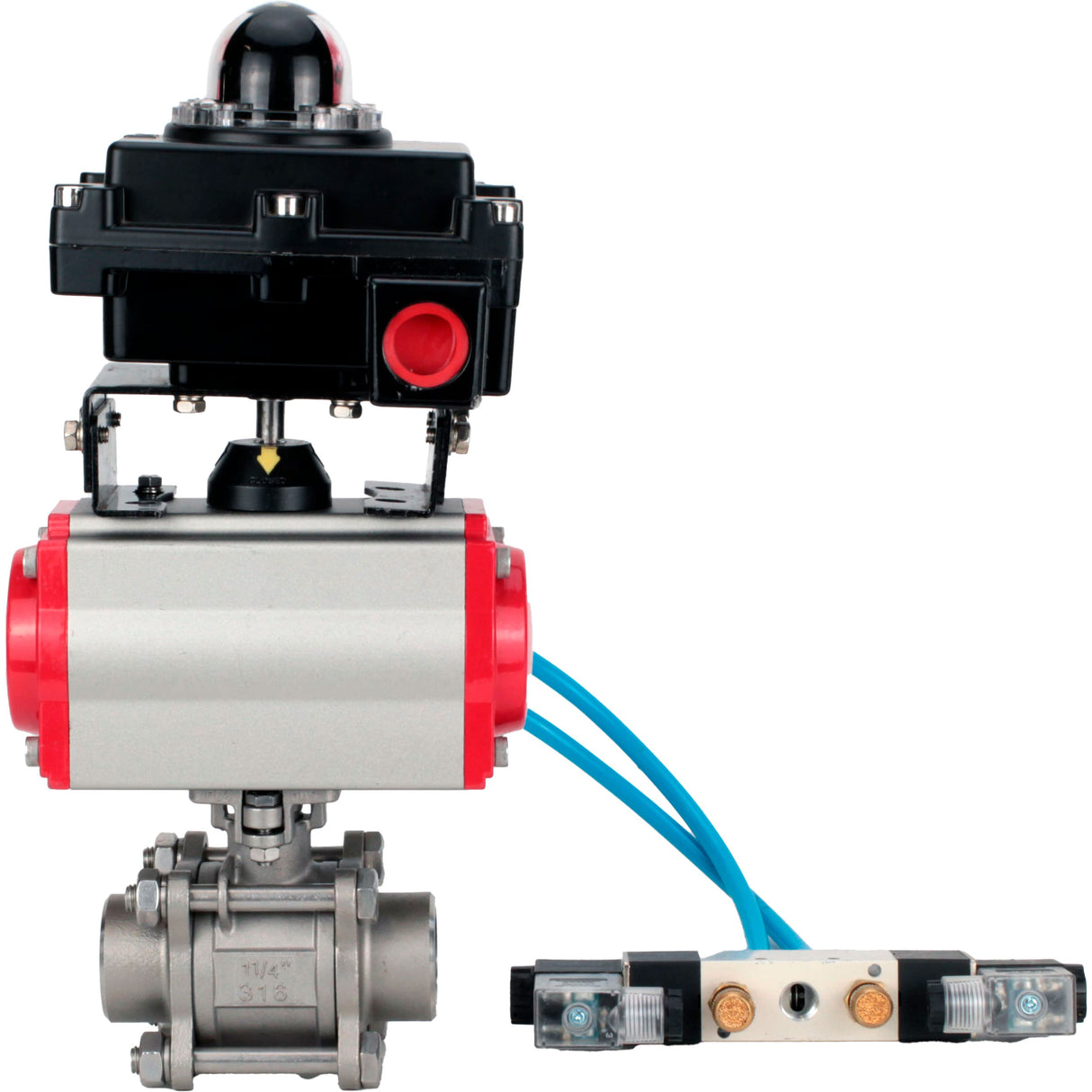 Ball valves Elephant BV3232P(3pc)-FP-W-ISO-H 16 bar/25, full bore for welding, stainless steel SS316, seal - PTFE, with double-acting PA-DA pneumatic actuator, with pneumatic distributor 4V320-08 220V, with LSU APL-410N EX