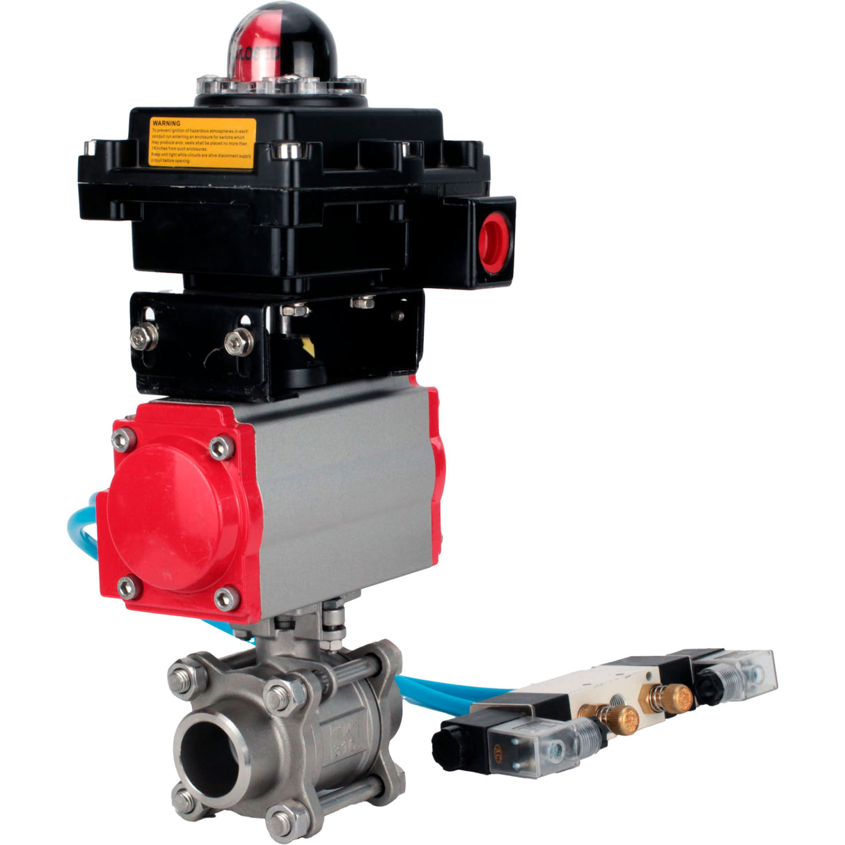 Ball valves Elephant BV3232P(3pc)-FP-W-ISO-H 16 bar/25, full bore for welding, stainless steel SS316, seal - PTFE, with double-acting PA-DA pneumatic actuator, with pneumatic distributor 4V320-08 220V, with LSU APL-410N EX