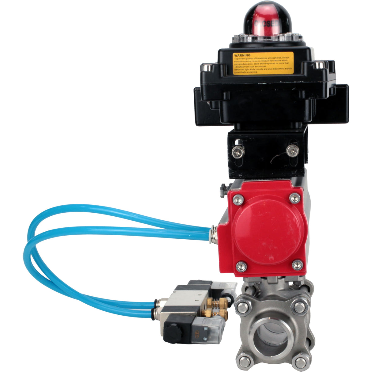 Ball valves Elephant BV3232P(3pc)-FP-W-ISO-H 16 bar/25, full bore for welding, stainless steel SS316, seal - PTFE, with double-acting PA-DA pneumatic actuator, with pneumatic distributor 4V320-08 220V, with LSU APL-410N EX