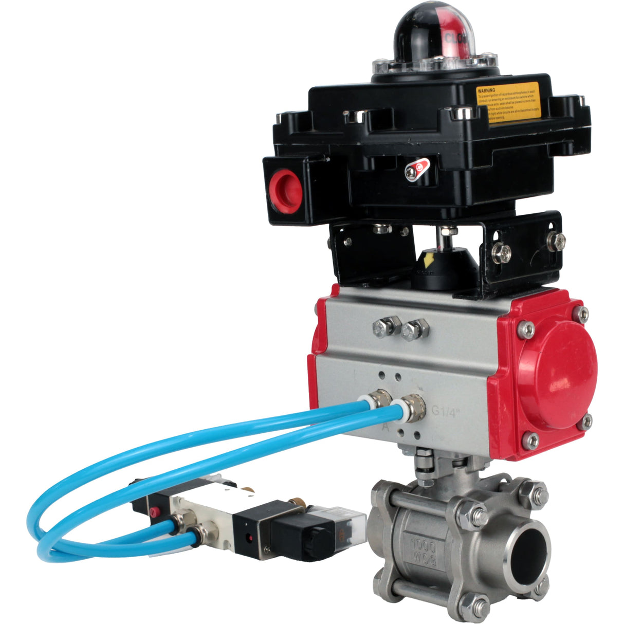 Ball valves Elephant BV3232P(3pc)-FP-W-ISO-H 16 bar/25, full bore for welding, stainless steel SS316, seal - PTFE, with double-acting PA-DA pneumatic actuator, with pneumatic distributor 4V320-08 220V, with LSU APL-410N EX