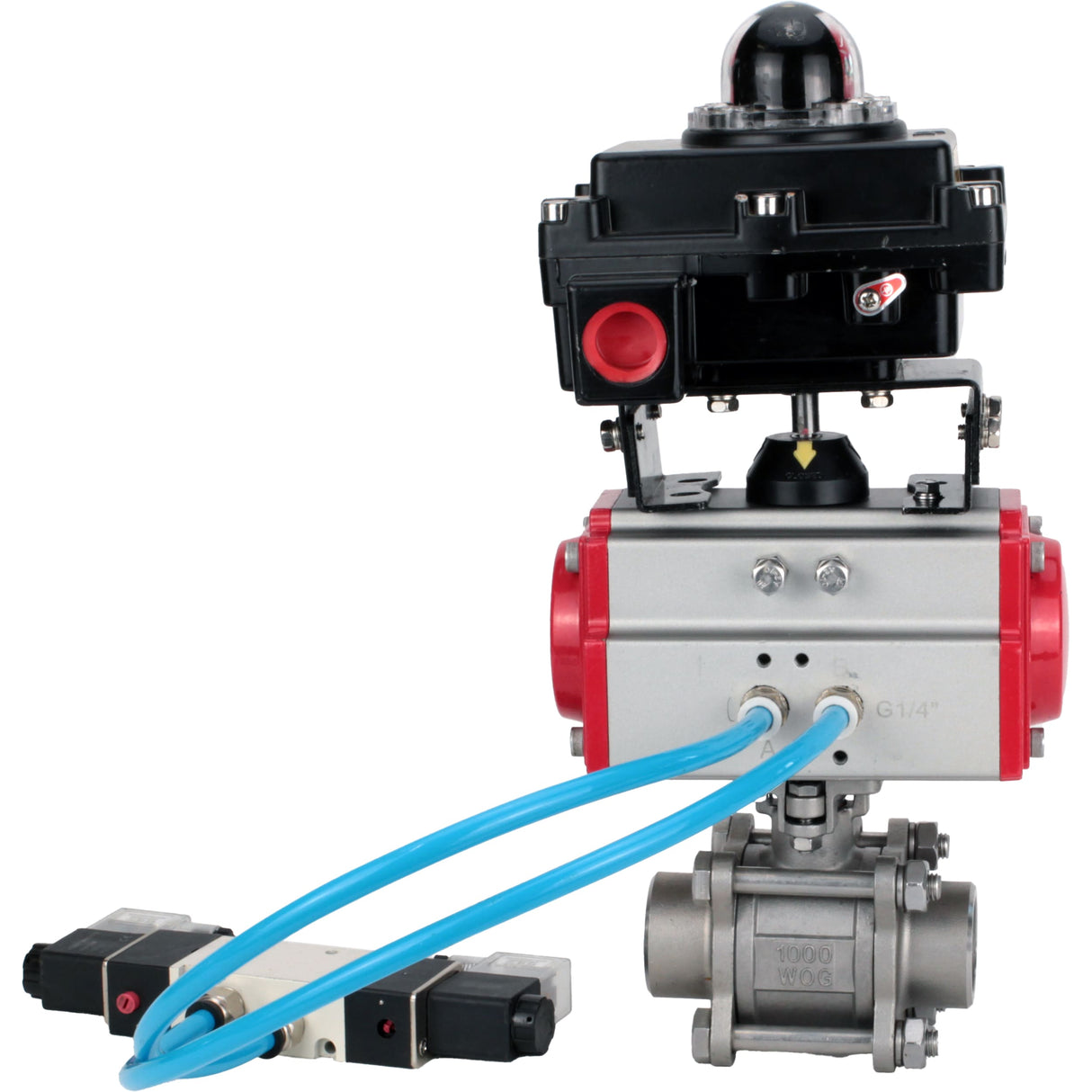 Ball valves Elephant BV3232P(3pc)-FP-W-ISO-H 16 bar/25, full bore for welding, stainless steel SS316, seal - PTFE, with double-acting PA-DA pneumatic actuator, with pneumatic distributor 4V320-08 220V, with LSU APL-410N EX