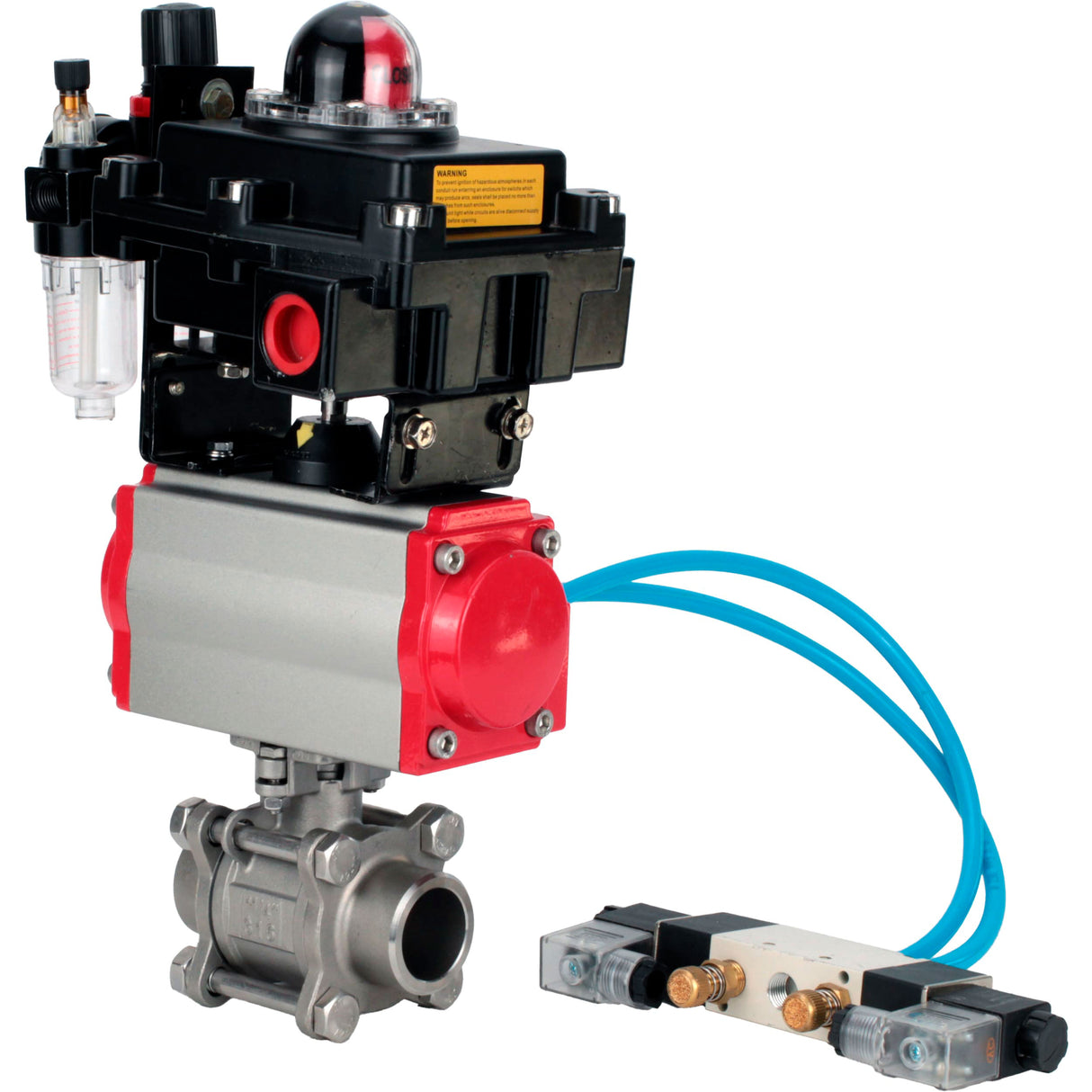 Ball valves Elephant BV3232P(3pc)-FP-W-ISO-H 16 bar/25, full bore for welding, stainless steel SS316, seal - PTFE, with double-acting PA-DA pneumatic actuator, with pneumatic distributor 4V320-08 220V, with LSU APL-410N EX, with ATU AFC2000