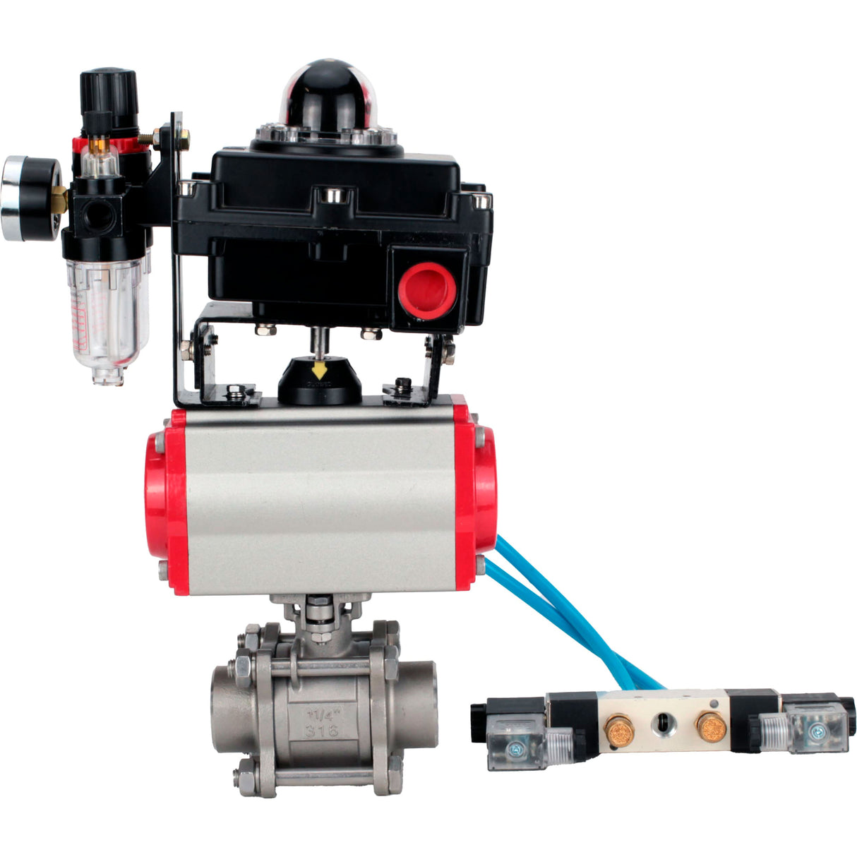Ball valves Elephant BV3232P(3pc)-FP-W-ISO-H 16 bar/25, full bore for welding, stainless steel SS316, seal - PTFE, with double-acting PA-DA pneumatic actuator, with pneumatic distributor 4V320-08 220V, with LSU APL-410N EX, with ATU AFC2000