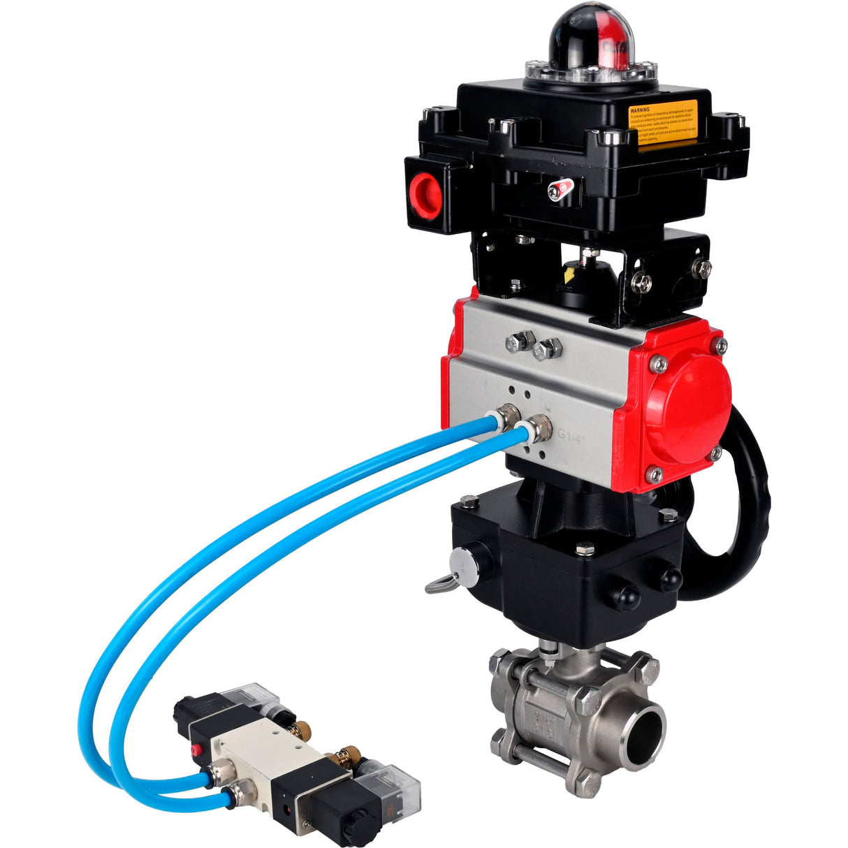 Ball valves Elephant BV3232P(3pc)-FP-W-ISO-H DN10-50 16 bar/40, full bore for welding, stainless steel SS316, PTFE, with double-acting PA-DA pneumatic actuator, with pneumatic distributor 4V320-08 220V, with LSU APL-410N EX, with manual Doubler MON1-250-T