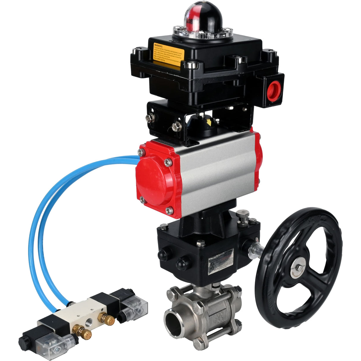 Ball valves Elephant BV3232P(3pc)-FP-W-ISO-H DN10-50 16 bar/40, full bore for welding, stainless steel SS316, PTFE, with double-acting PA-DA pneumatic actuator, with pneumatic distributor 4V320-08 220V, with LSU APL-410N EX, with manual Doubler MON1-250-T