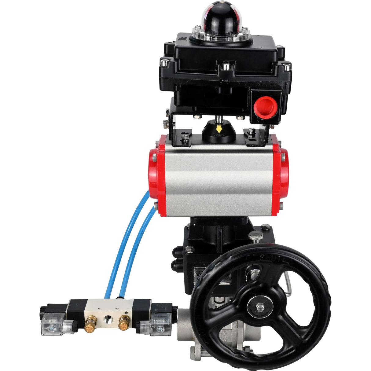 Ball valves Elephant BV3232P(3pc)-FP-W-ISO-H DN10-50 16 bar/40, full bore for welding, stainless steel SS316, PTFE, with double-acting PA-DA pneumatic actuator, with pneumatic distributor 4V320-08 220V, with LSU APL-410N EX, with manual Doubler MON1-250-T