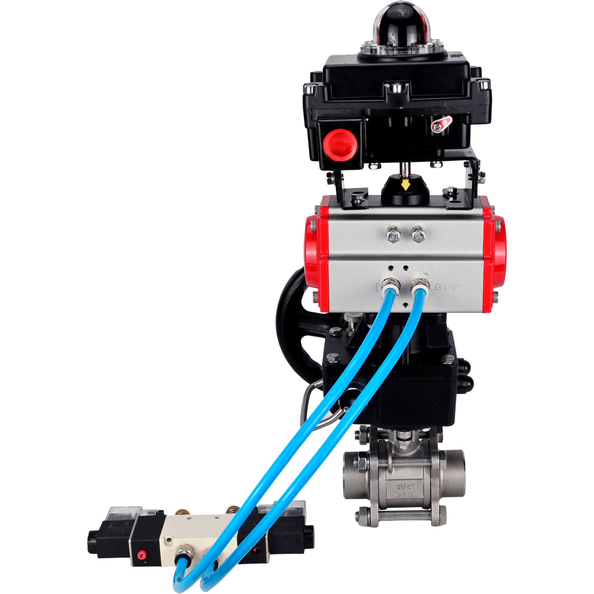 Ball valves Elephant BV3232P(3pc)-FP-W-ISO-H DN10-50 16 bar/40, full bore for welding, stainless steel SS316, PTFE, with double-acting PA-DA pneumatic actuator, with pneumatic distributor 4V320-08 220V, with LSU APL-410N EX, with manual Doubler MON1-250-T