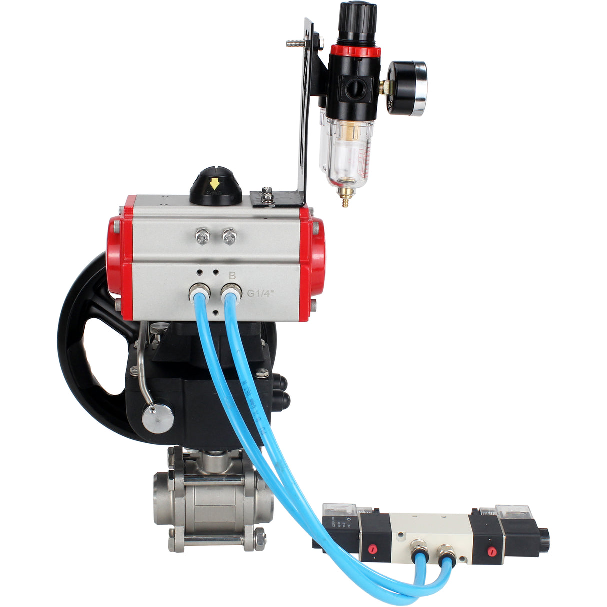 Ball valves Elephant BV3232P(3pc)-FP-W-ISO-H DN10-50 16 bar/40, full bore for welding, stainless steel SS316, seal - PTFE, with double-acting PA-DA pneumatic actuator, with pneumatic distributor 4V320-08 220V, with manual Doubler MON1-250-T26-ISO, with po