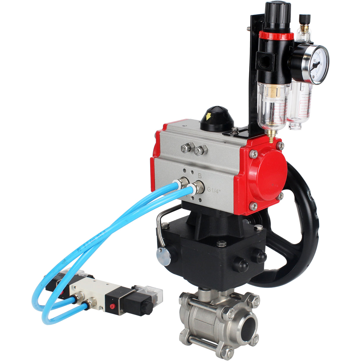 Ball valves Elephant BV3232P(3pc)-FP-W-ISO-H DN10-50 16 bar/40, full bore for welding, stainless steel SS316, seal - PTFE, with double-acting PA-DA pneumatic actuator, with pneumatic distributor 4V320-08 220V, with manual Doubler MON1-250-T26-ISO, with po