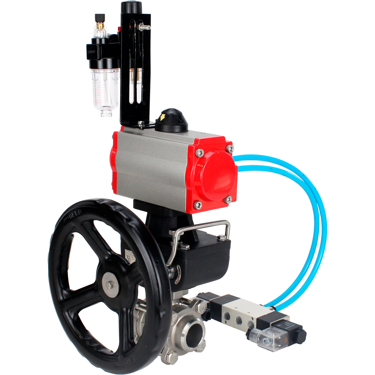 Ball valves Elephant BV3232P(3pc)-FP-W-ISO-H DN10-50 16 bar/40, full bore for welding, stainless steel SS316, seal - PTFE, with double-acting PA-DA pneumatic actuator, with pneumatic distributor 4V320-08 220V, with manual Doubler MON1-250-T26-ISO, with po