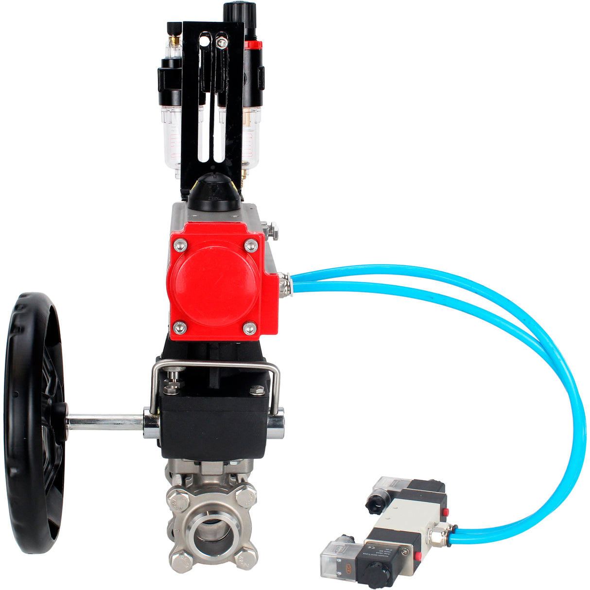 Ball valves Elephant BV3232P(3pc)-FP-W-ISO-H DN10-50 16 bar/40, full bore for welding, stainless steel SS316, seal - PTFE, with double-acting PA-DA pneumatic actuator, with pneumatic distributor 4V320-08 220V, with manual Doubler MON1-250-T26-ISO, with po