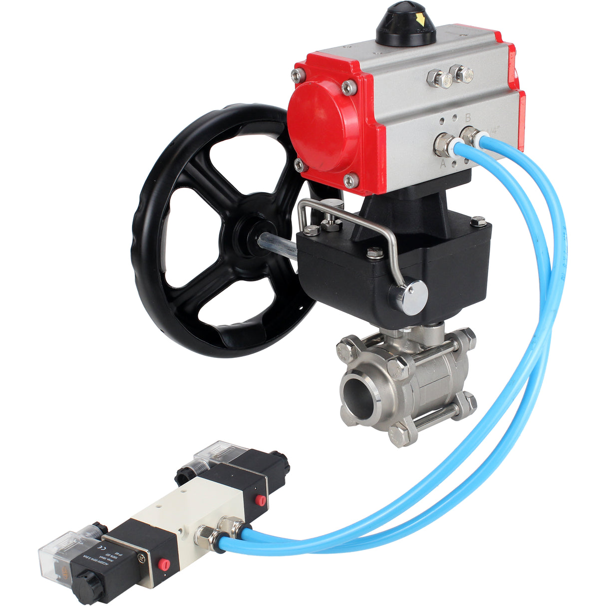 Ball valves Elephant BV3232P(3pc)-FP-W-ISO-H DN10-50 16 bar/40, full bore for welding, stainless steel SS316, seal - PTFE, with double-acting PA-DA pneumatic actuator, with pneumatic distributor 4V320-08 220V, with manual Doubler MON1-250-T26-ISO