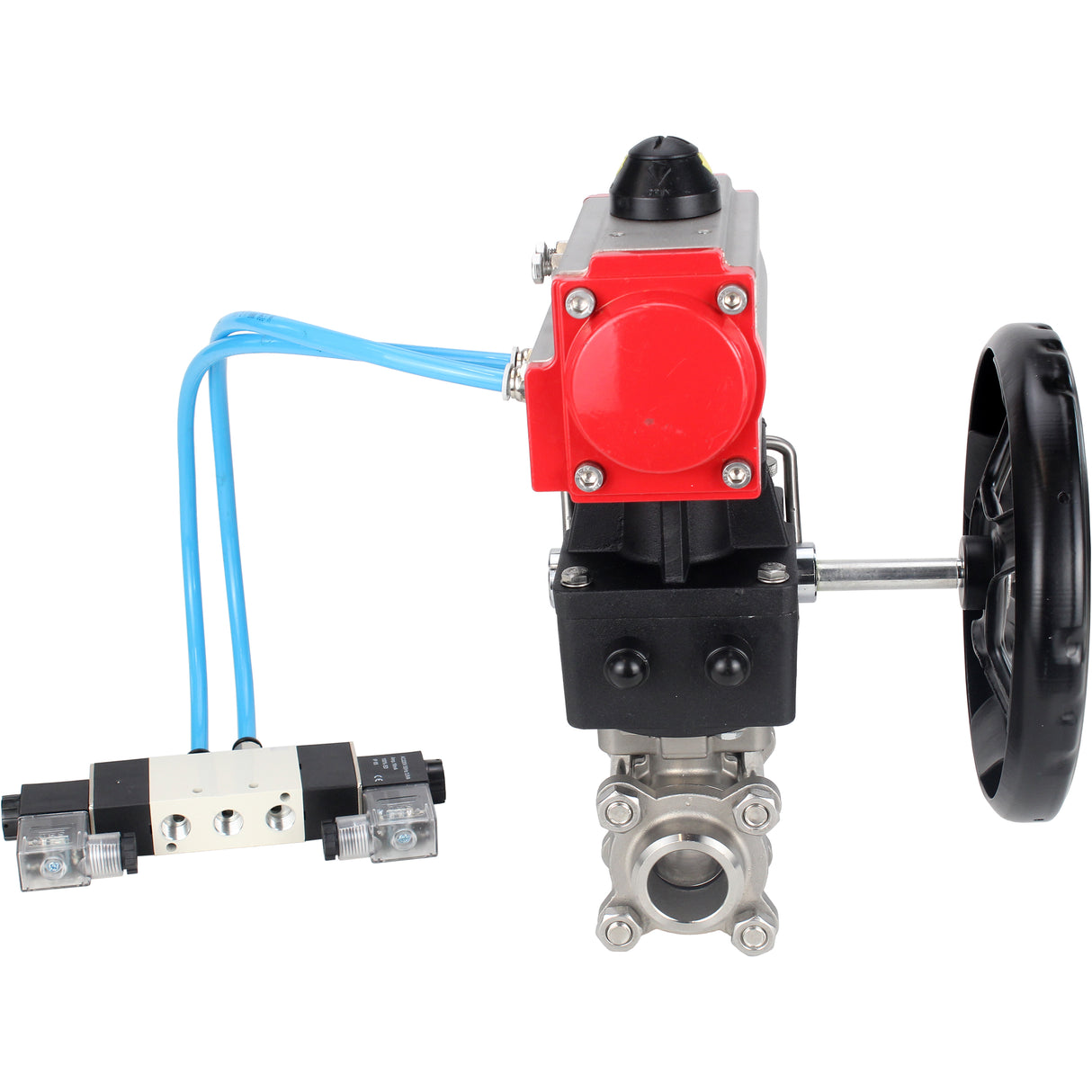 Ball valves Elephant BV3232P(3pc)-FP-W-ISO-H DN10-50 16 bar/40, full bore for welding, stainless steel SS316, seal - PTFE, with double-acting PA-DA pneumatic actuator, with pneumatic distributor 4V320-08 220V, with manual Doubler MON1-250-T26-ISO