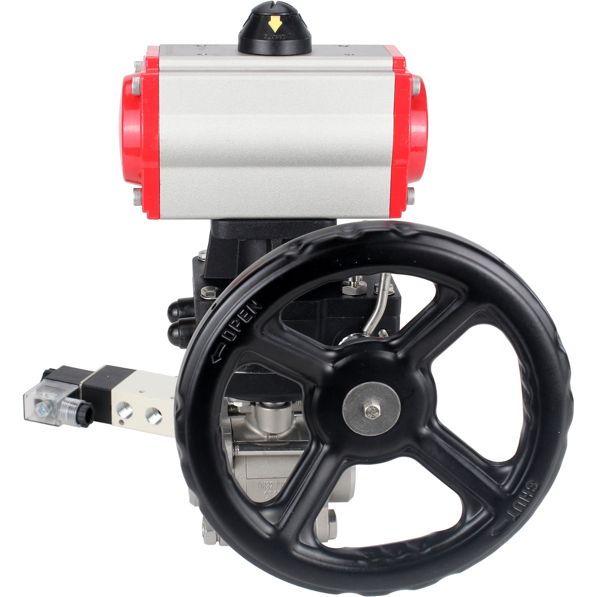 Ball valves Elephant BV3232P(3pc)-FP-W-ISO-H DN10-50 16 bar/40, full bore for welding, stainless steel SS316, seal - PTFE, with double-acting PA-DA pneumatic actuator, with pneumatic distributor 4V320-08 220V, with manual Doubler MON1-250-T26-ISO