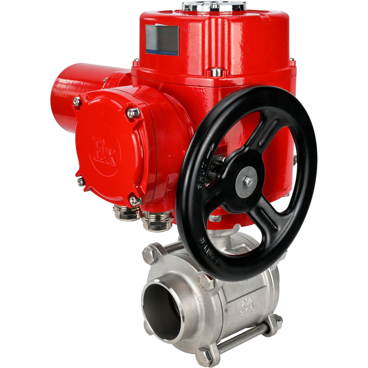 Stainless steel ball valve Elephant BVPP 316,200-ISO 63 bar SS316 full port, for welding, body material - stainless steel, quarter-turn electric actuator Elephant QT-W (M) EX 220 V